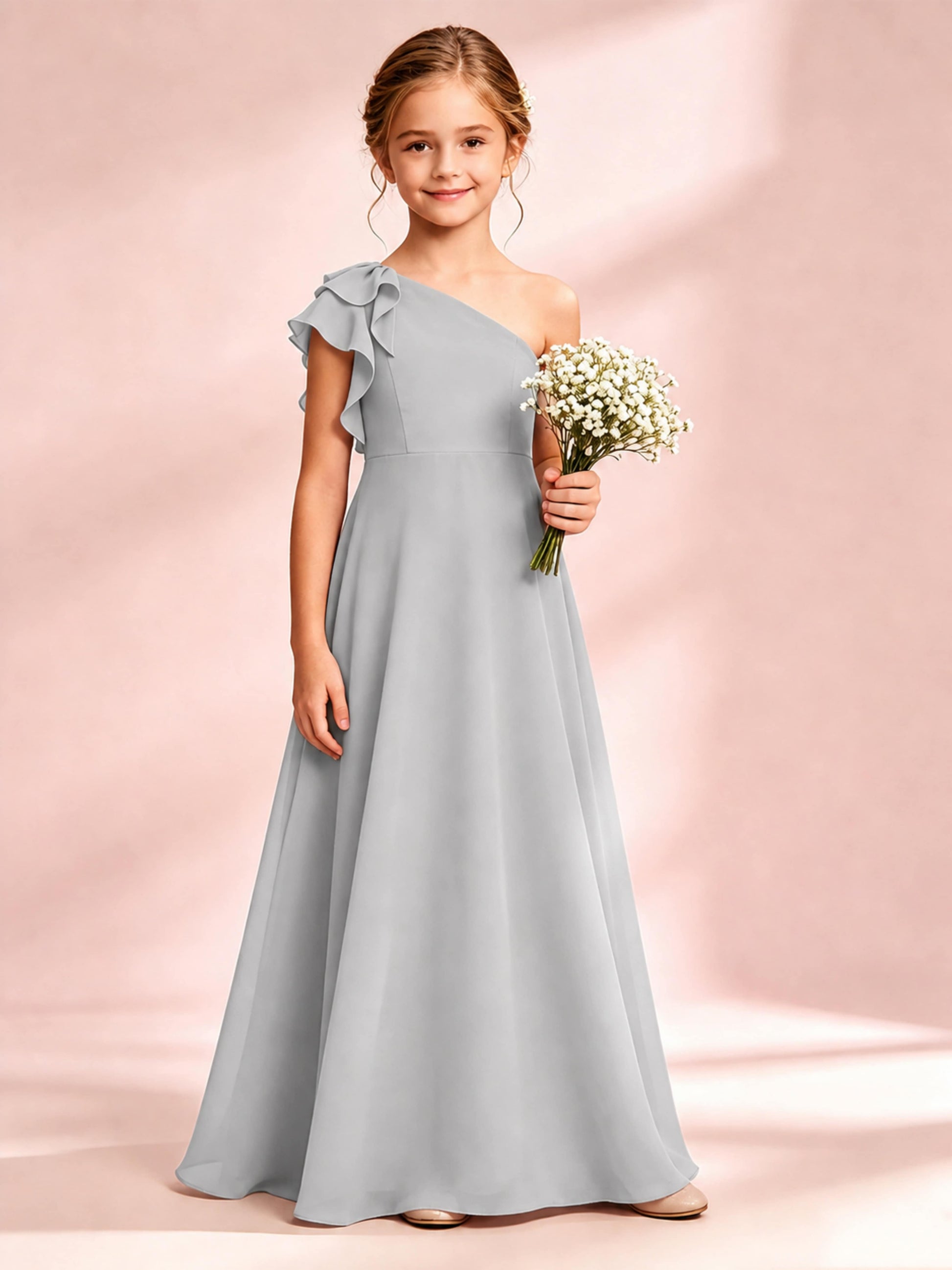 Chiffon Junior Bridesmaid Dress for Wedding One Shoulder Flower Girl Dresses