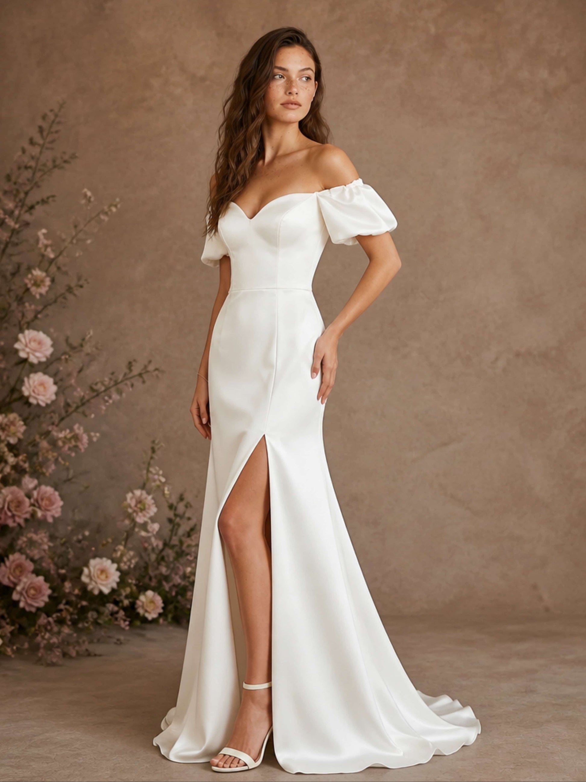 Sweetheart Neck Puff Sleeve Mermaid Satin Wedding Dress with Slit