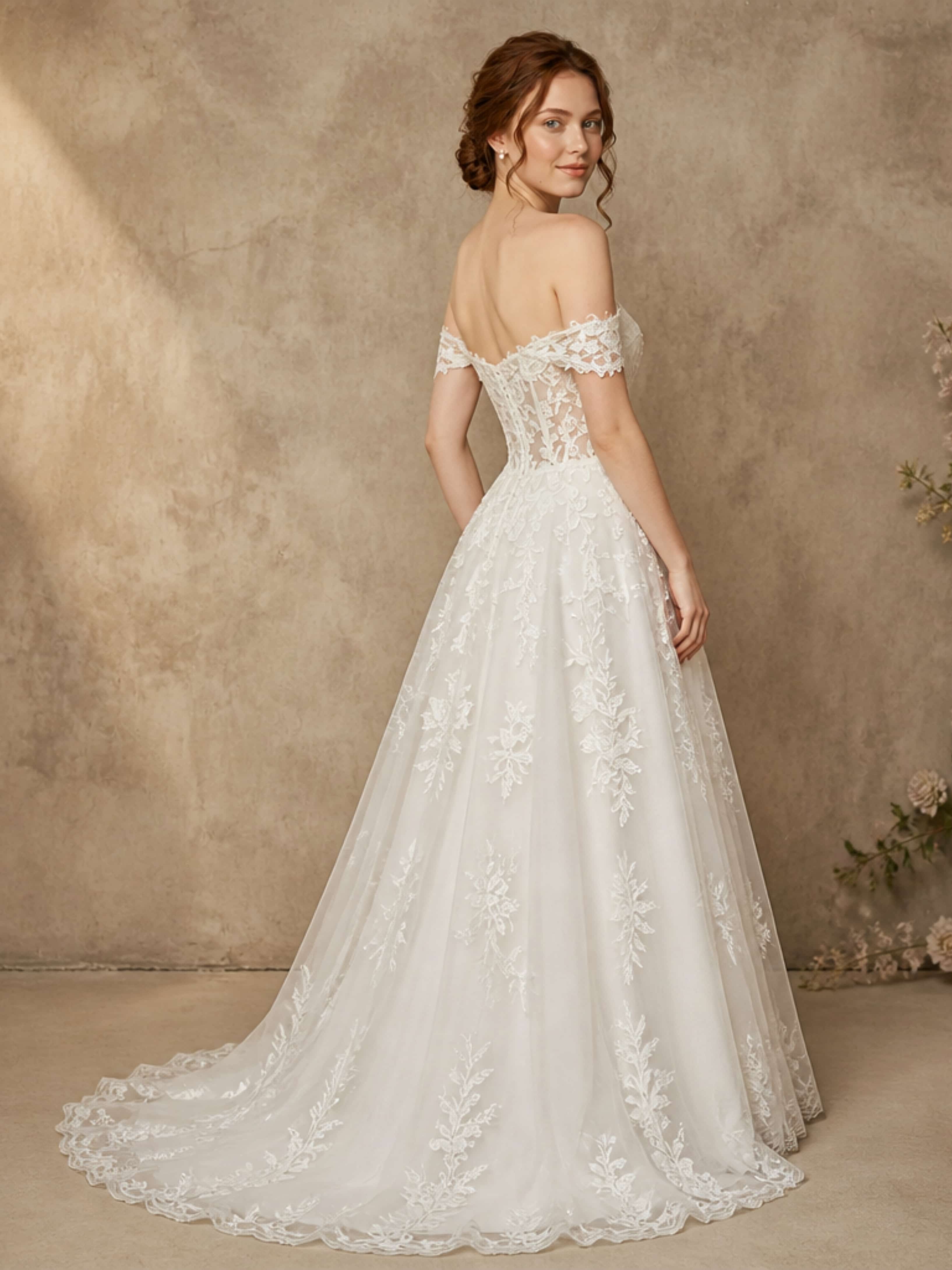 Off Shoulder Lace Long Wedding Dress with Train