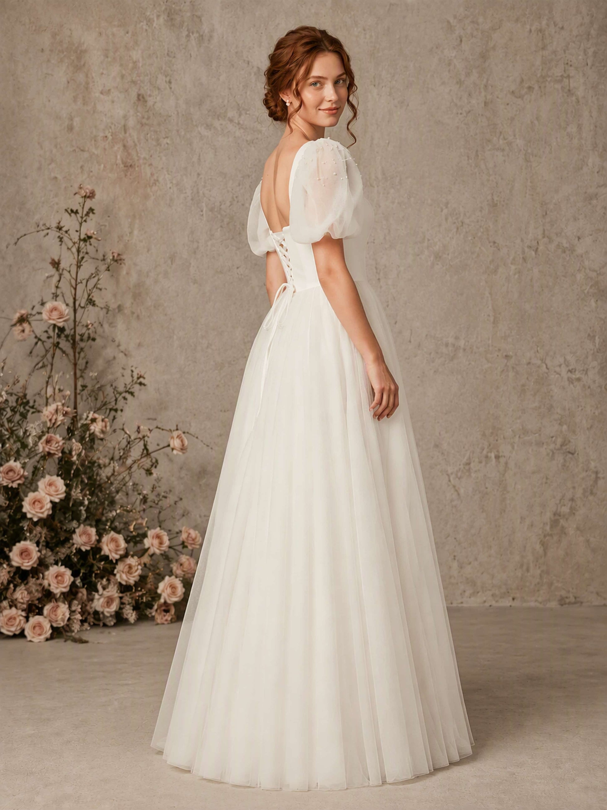 Square Neck Puff Sleeve Womens Wedding Dress Satin Tulle Evening Gown