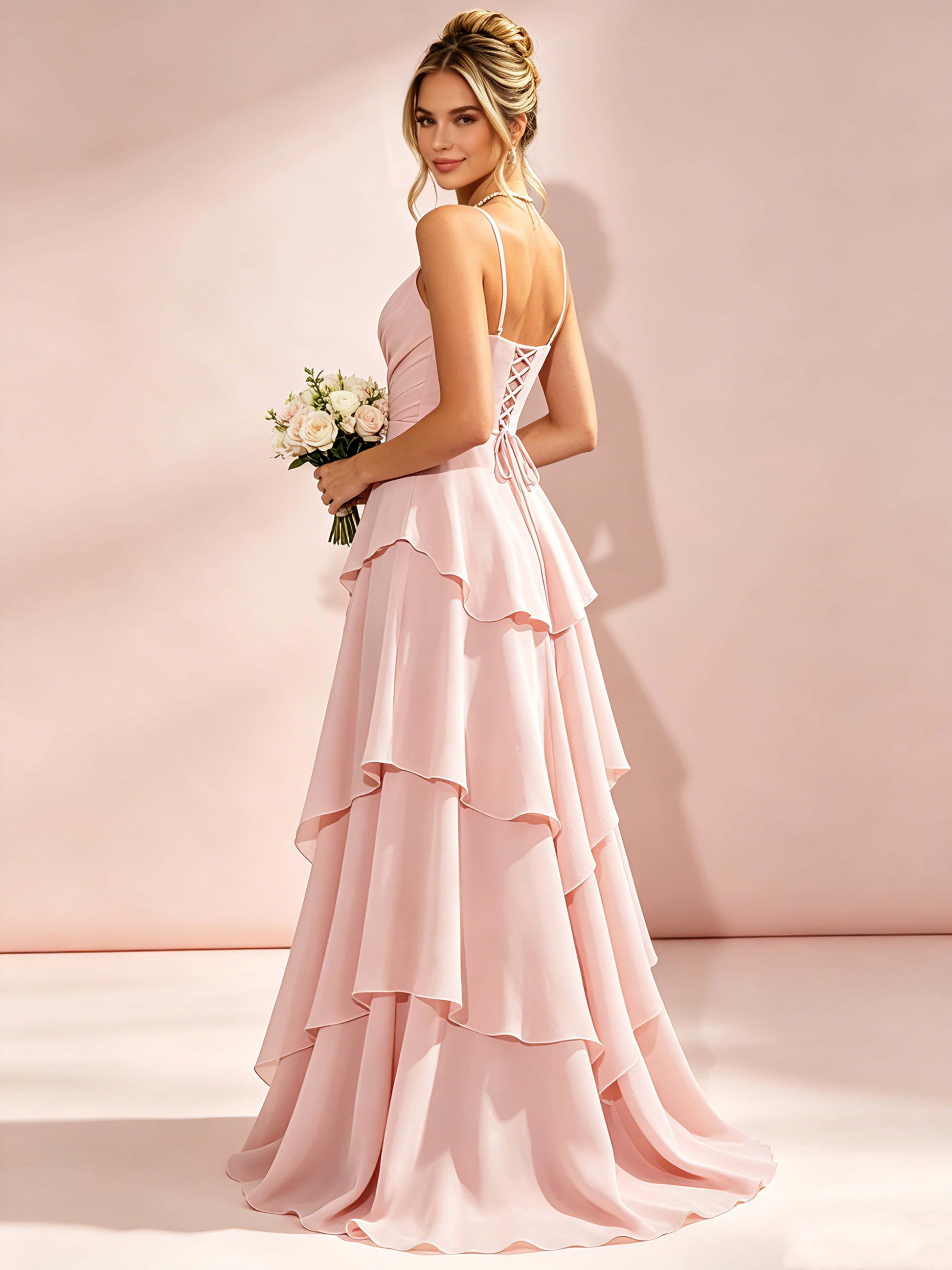 Spaghetti Straps Ruffle Tiered Chiffon Bridesmaid Dress for Wedding