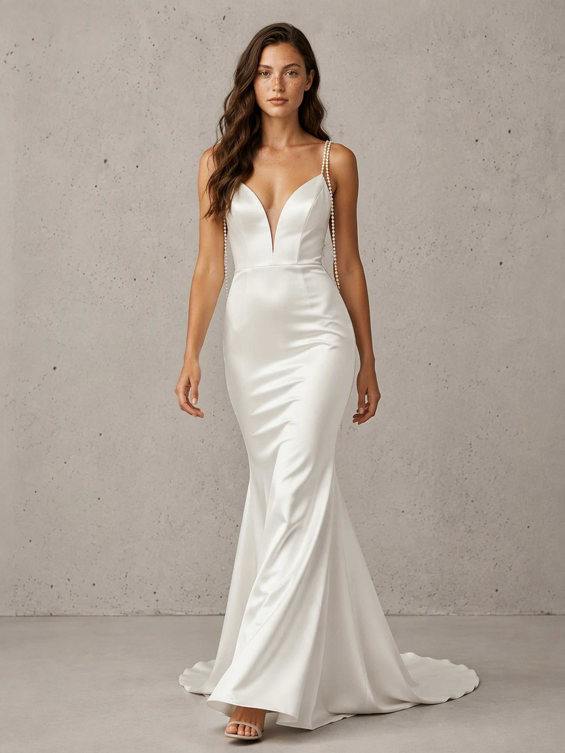 Satin Mermaid Pearl Spaghetti Straps V Neck Wedding Dresses