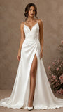 Spaghetti Straps Lace Satin V-Neck Wedding Dress with Slit