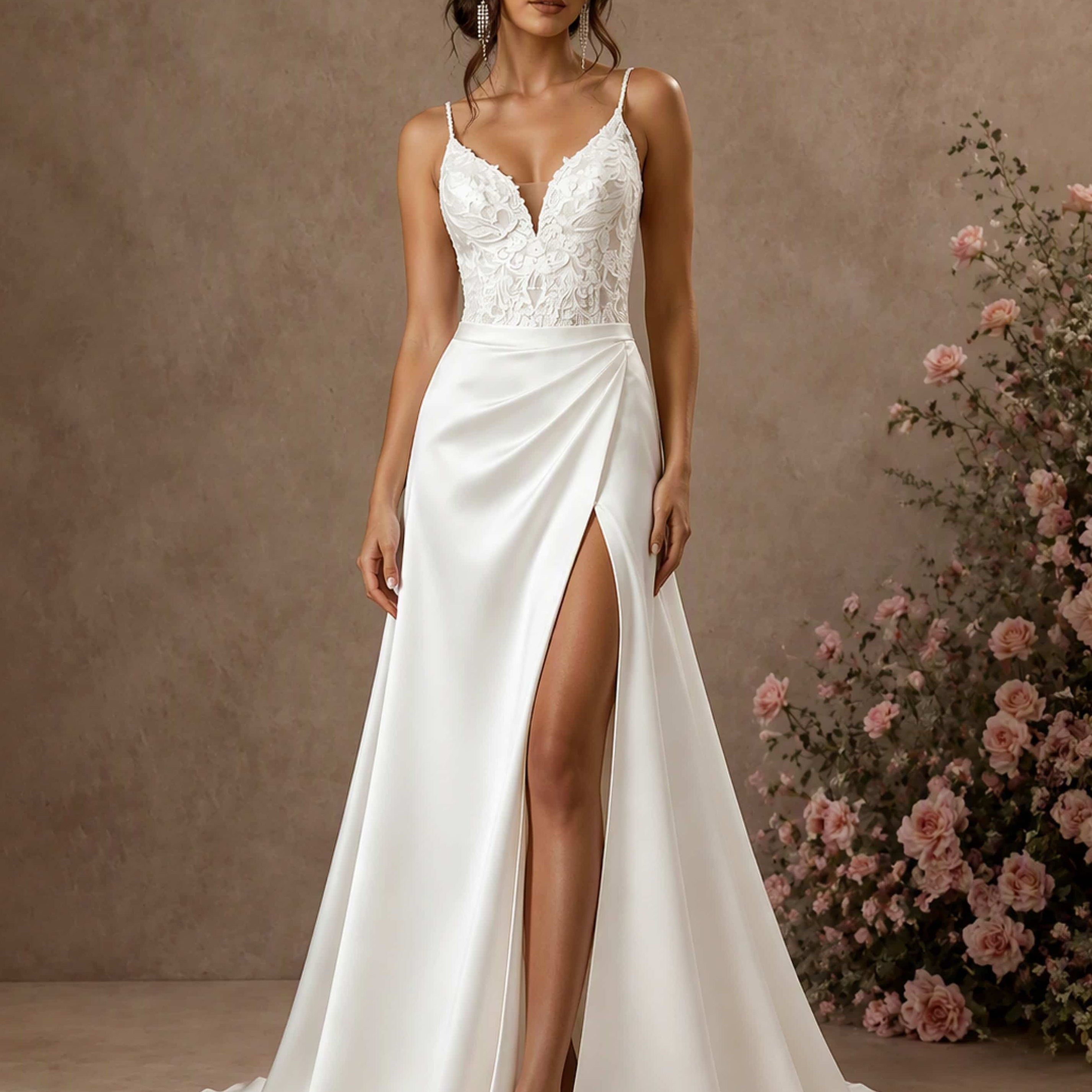 Spaghetti Straps Lace Satin V-Neck Wedding Dress with Slit