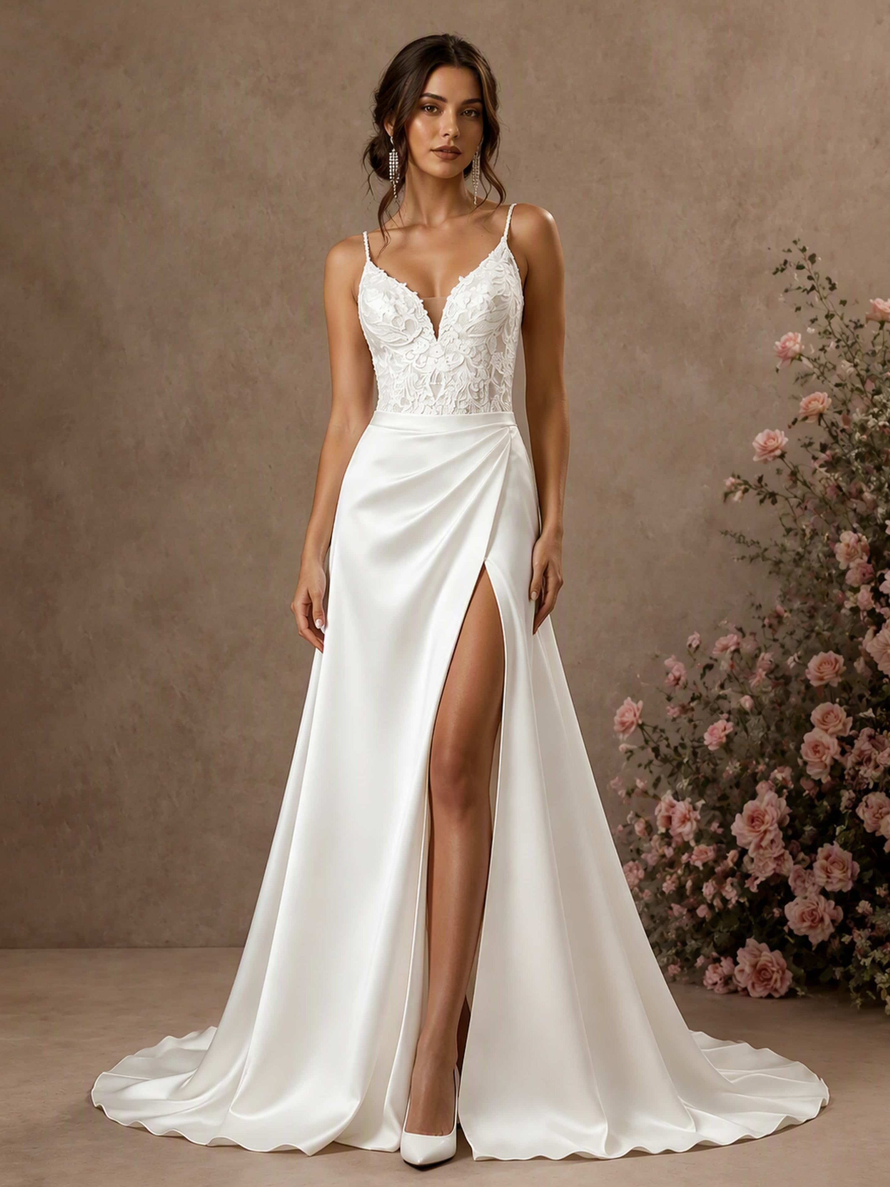 Spaghetti Straps Lace Satin V-Neck Wedding Dress with Slit