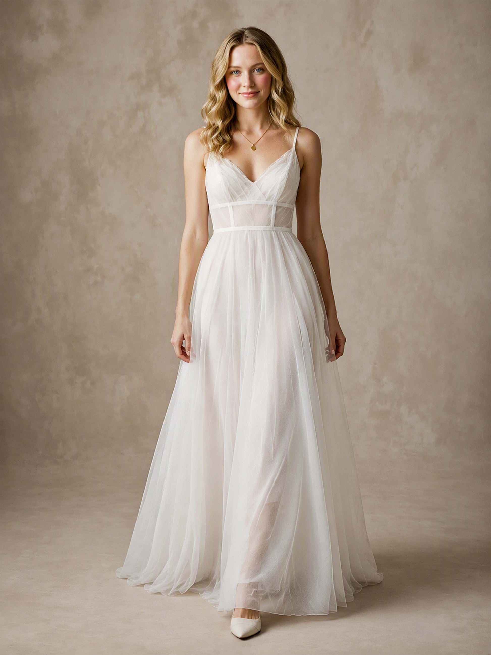 Floor Length Spaghetti Straps Tulle Simple Wedding Dress