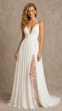 V Neck Spaghetti Straps Chiffon Floral Embroidery Wedding Dress