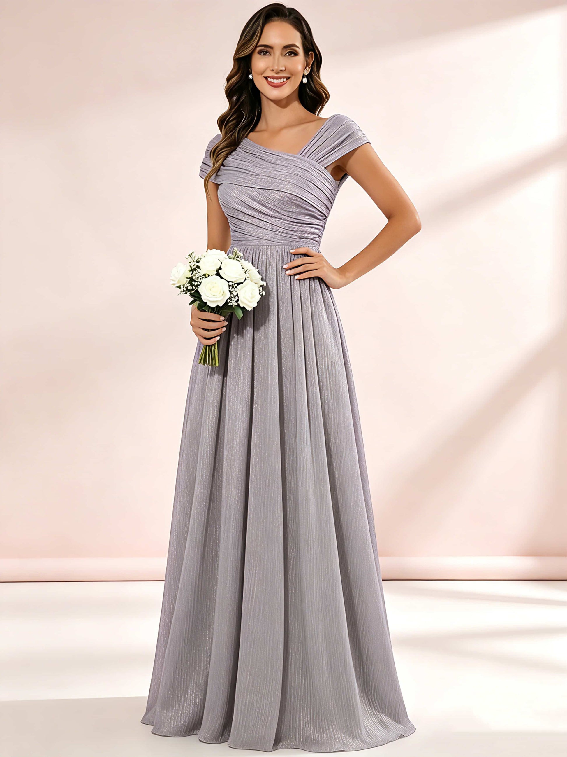 Shiny Striped Chiffon Ruched Cap Sleeve Mother of The Bride Dress