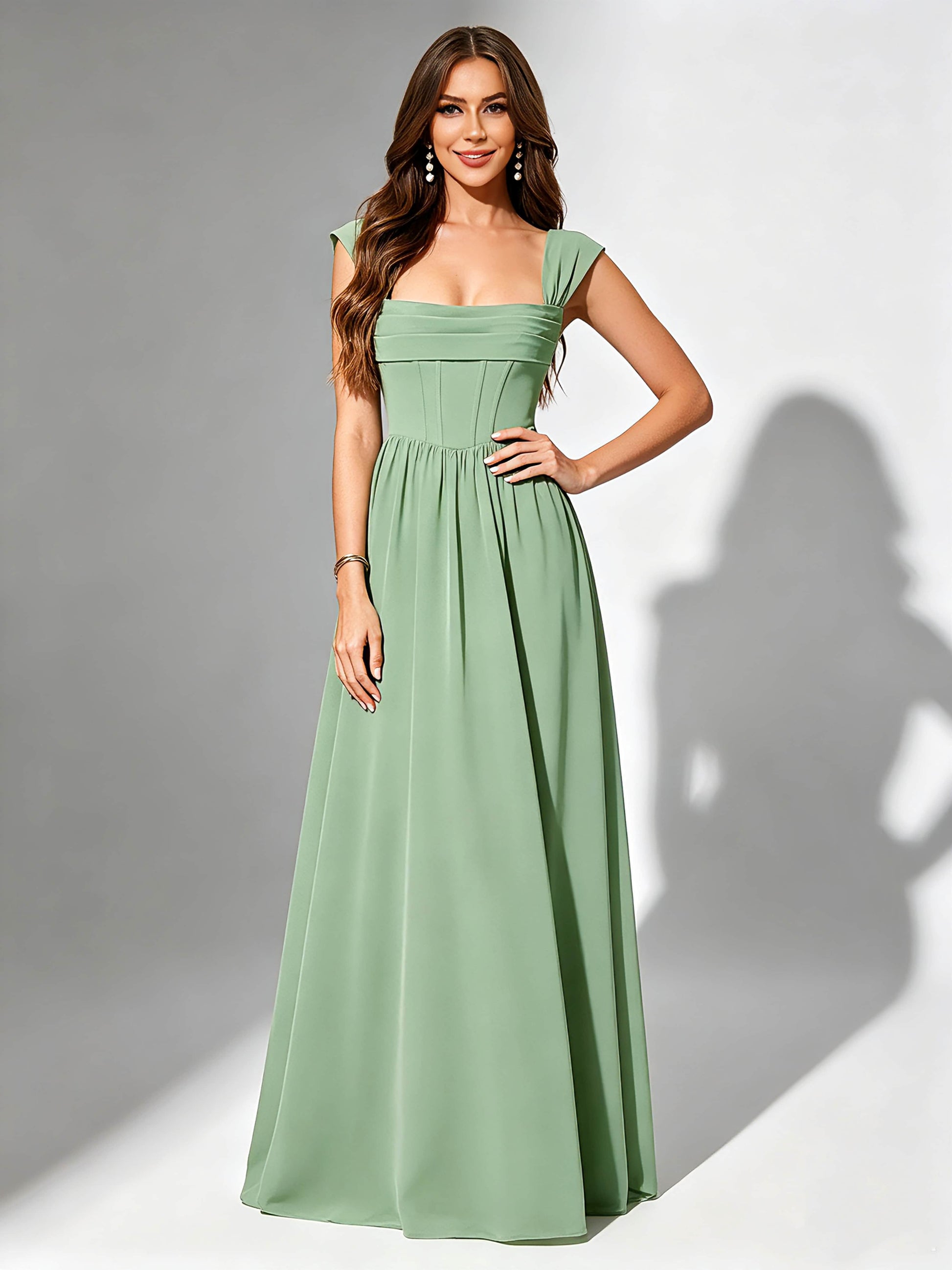 Square Neck Chiffon Bridesmaid Dress Corset Formal Gown