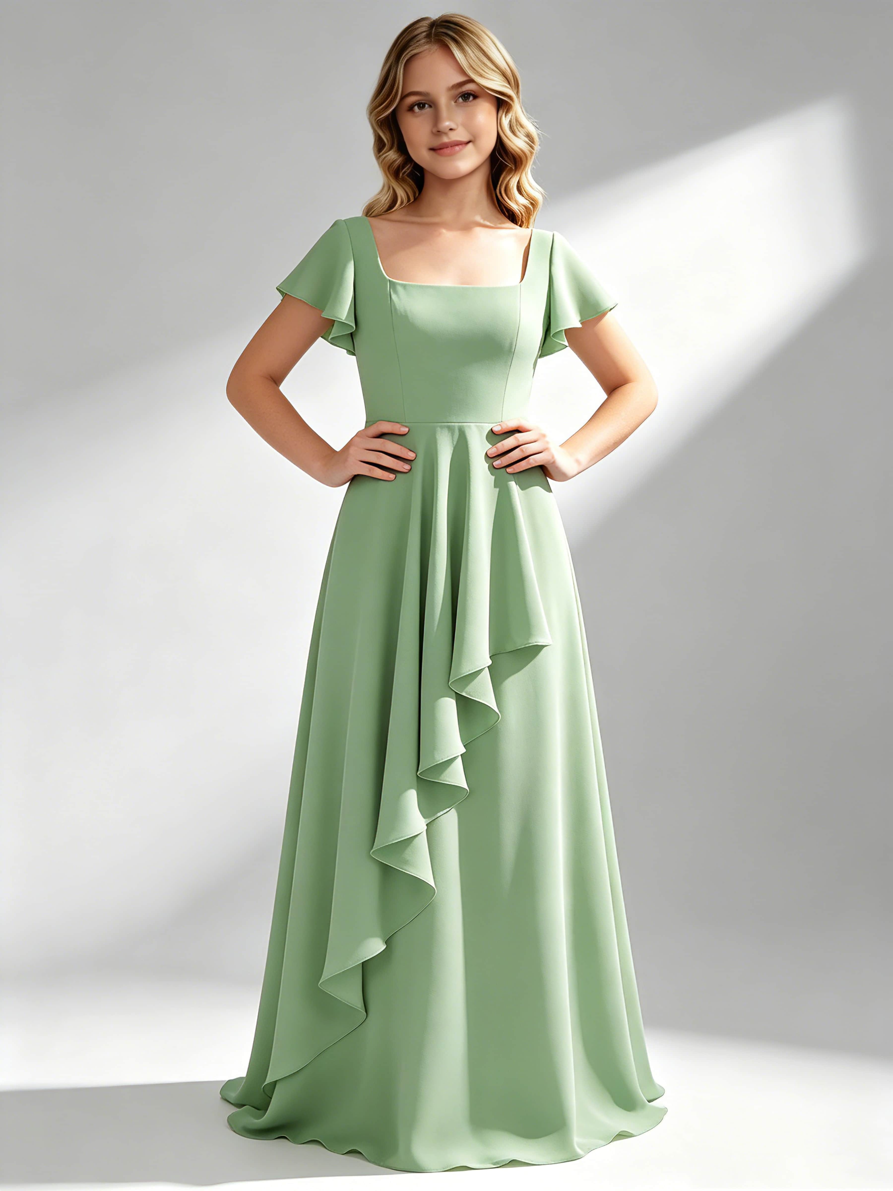 A-Line Square Neck Ruffle Junior Bridesmaid Dresses