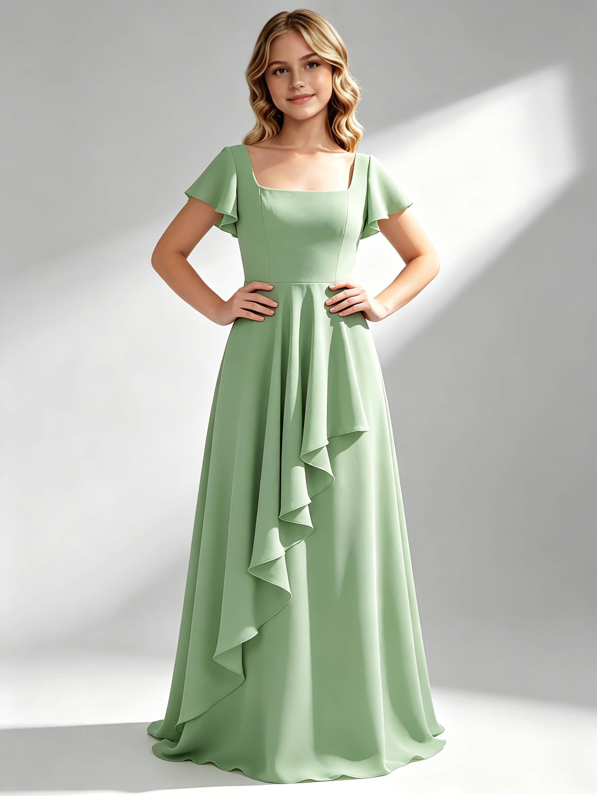A-Line Square Neck Ruffle Junior Bridesmaid Dresses