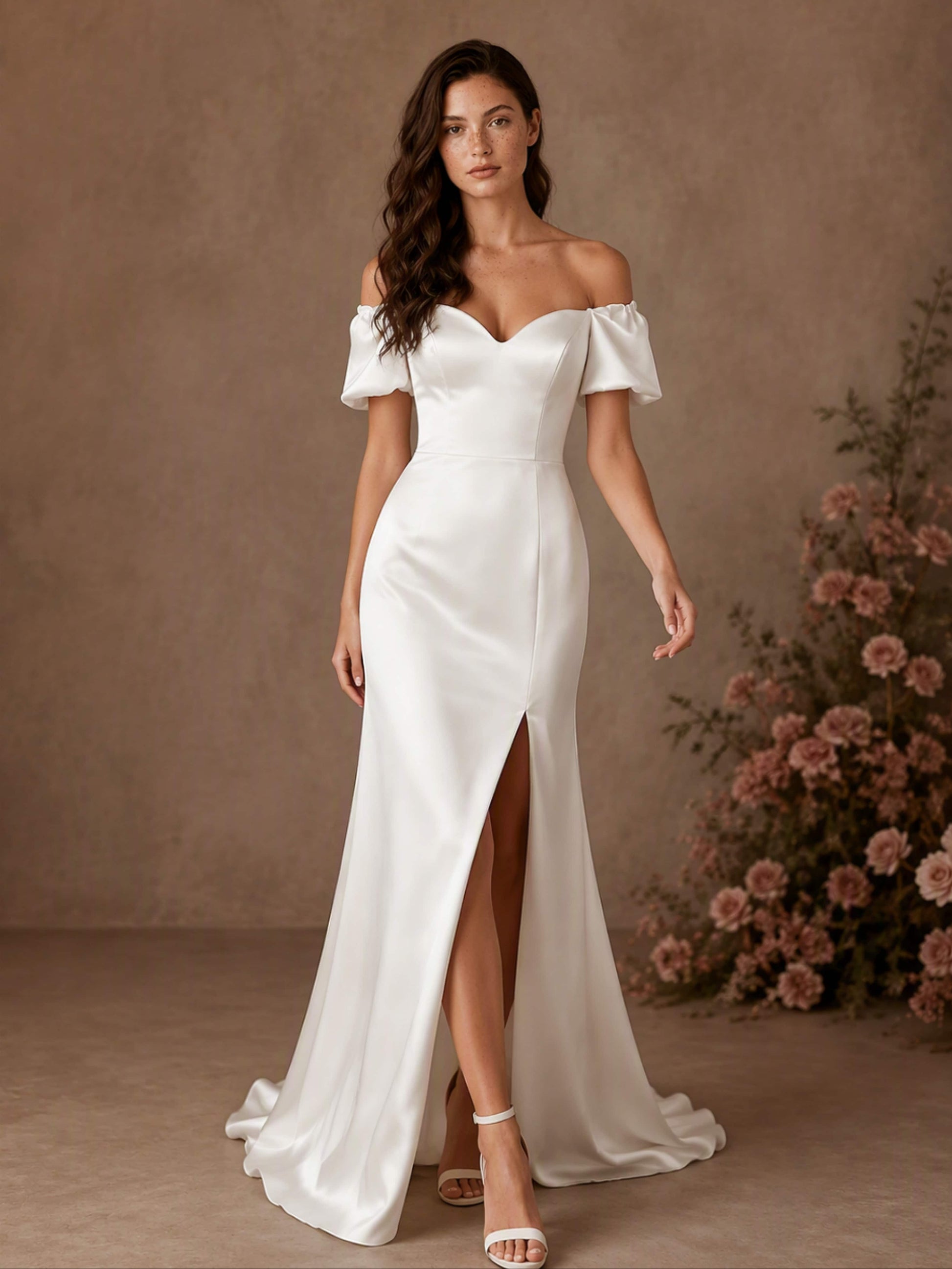Sweetheart Neck Puff Sleeve Mermaid Satin Wedding Dress with Slit