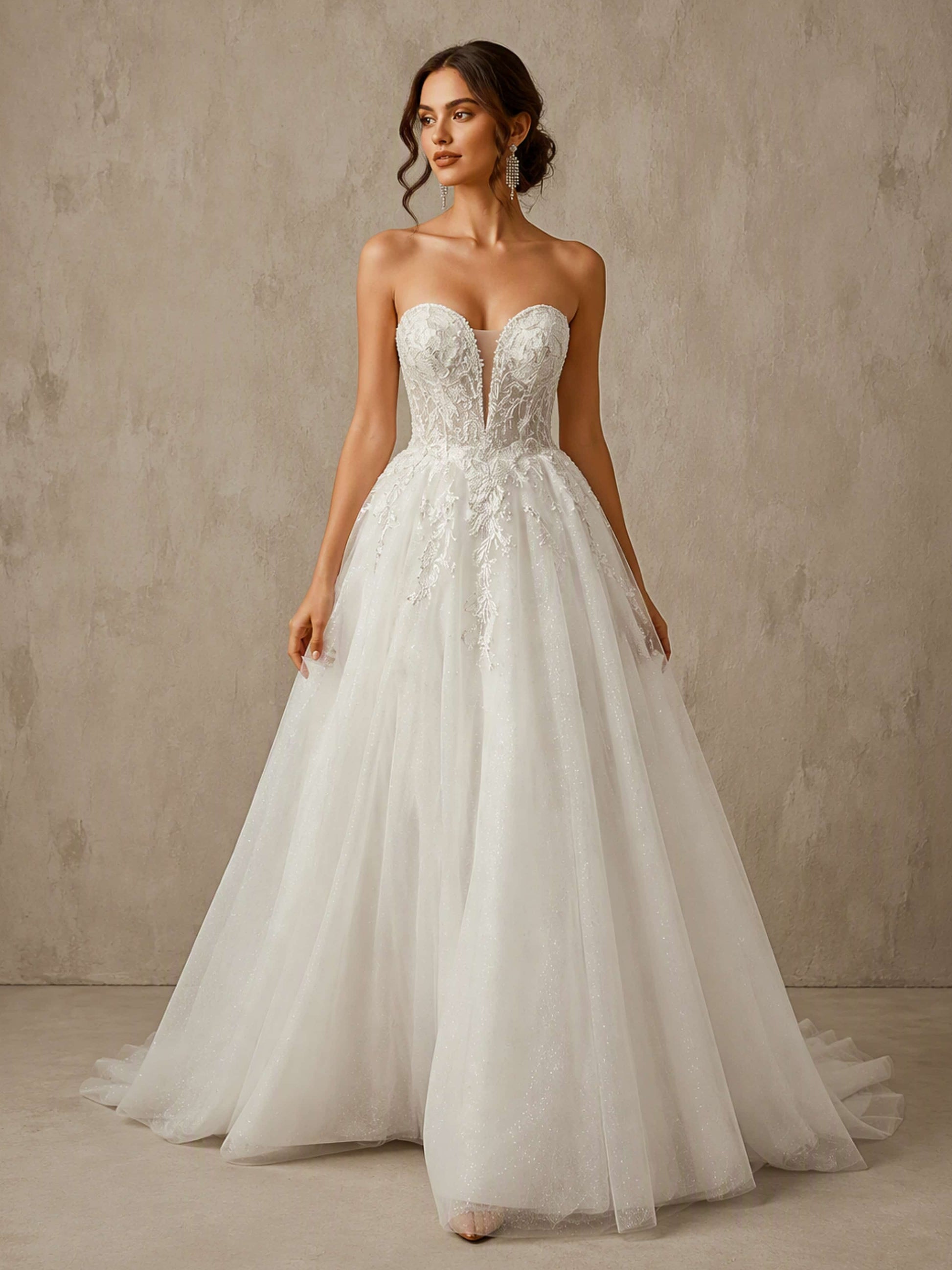 Strapless Sweetheart Neck Sparkly Tulle Puffy Long Wedding Dress
