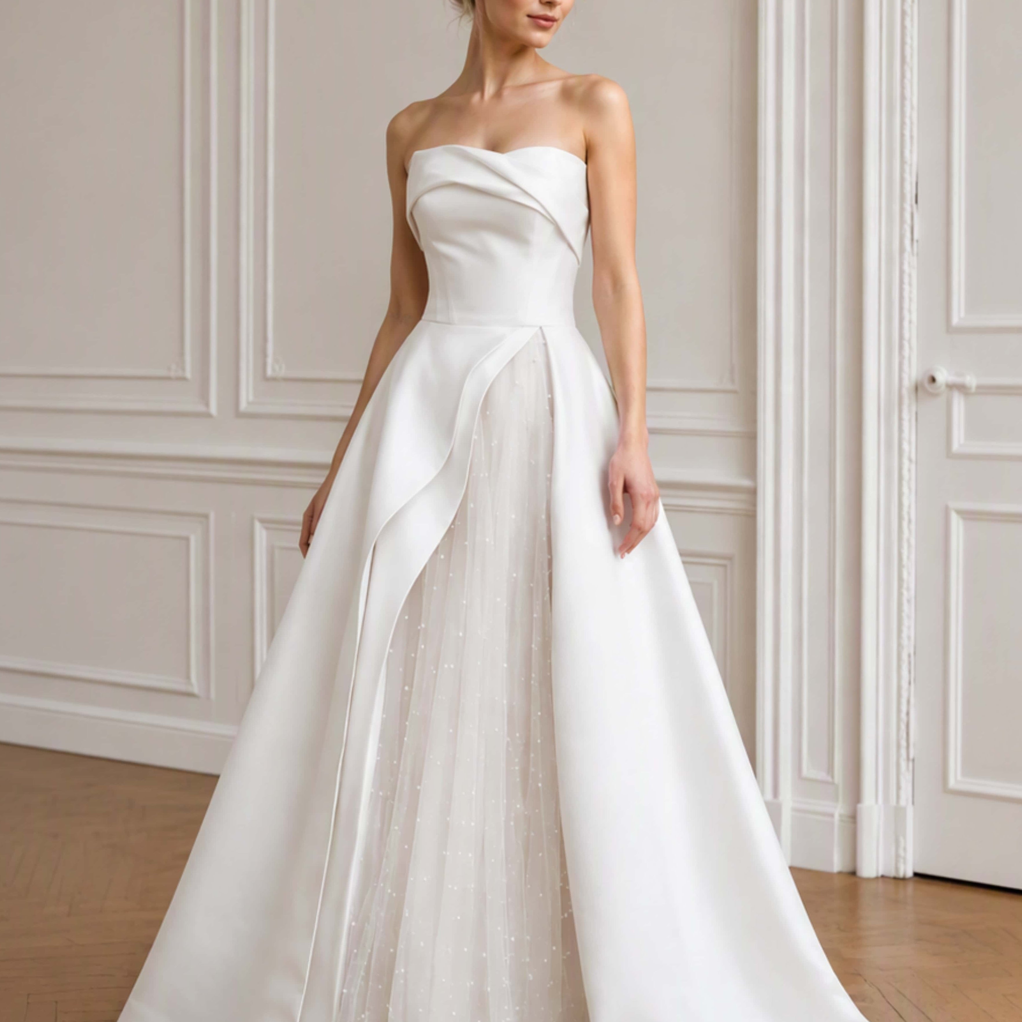 Strapless Satin Wedding Dress Elegant Tulle Pearl Gown