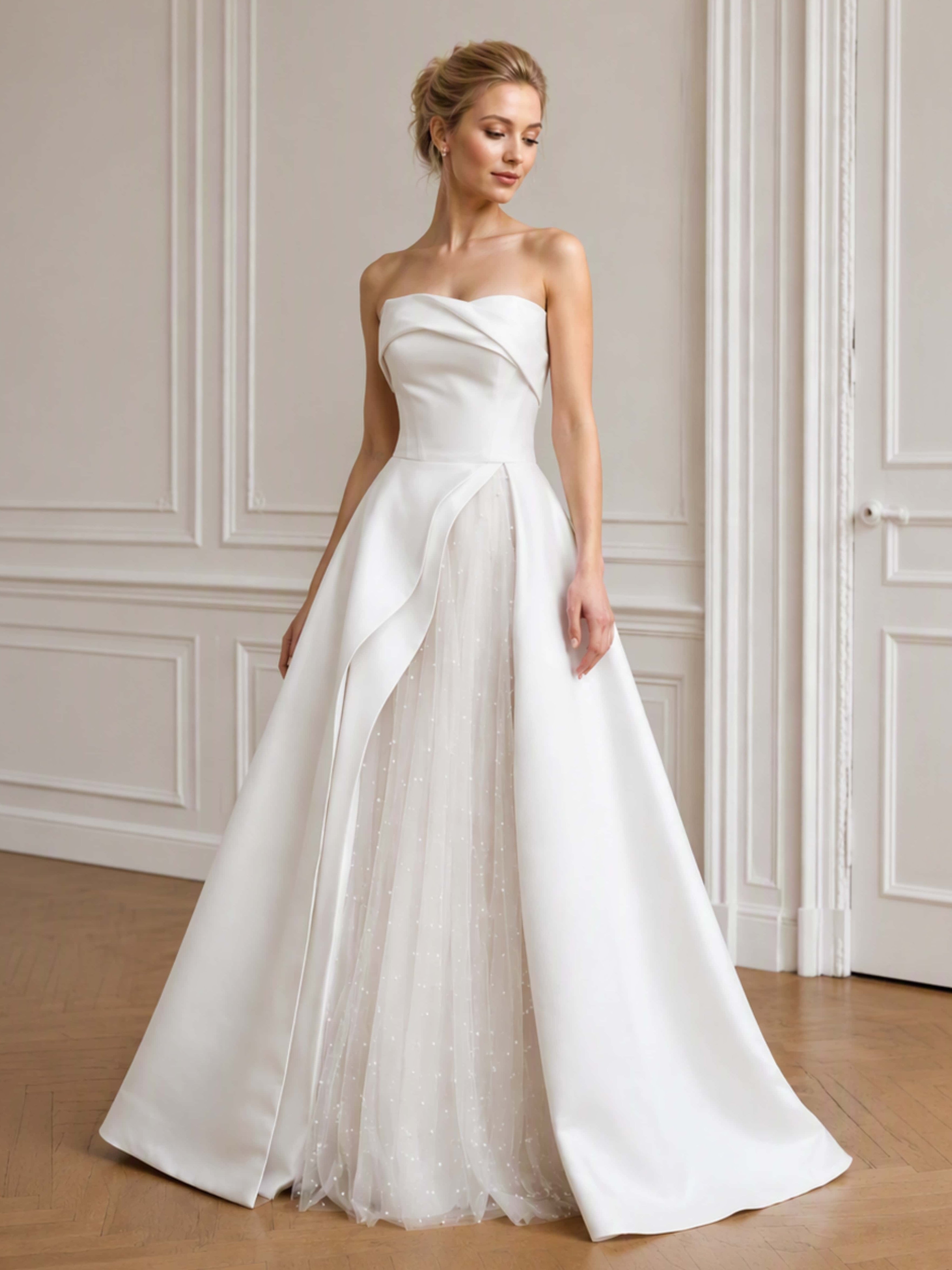 Strapless Satin Wedding Dress Elegant Tulle Pearl Gown