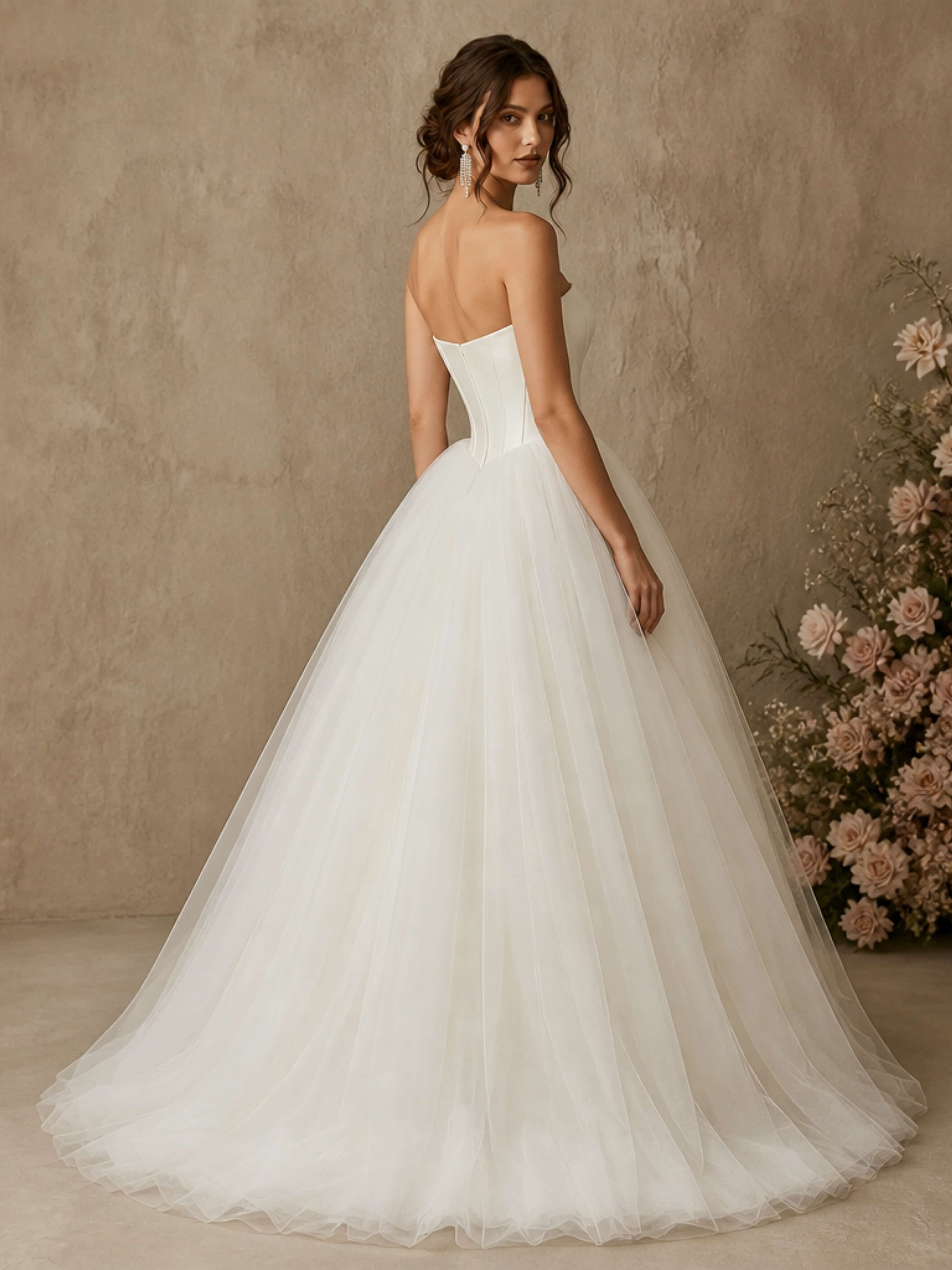Strapless Corset Satin Tulle Puffy Long Wedding Dresses