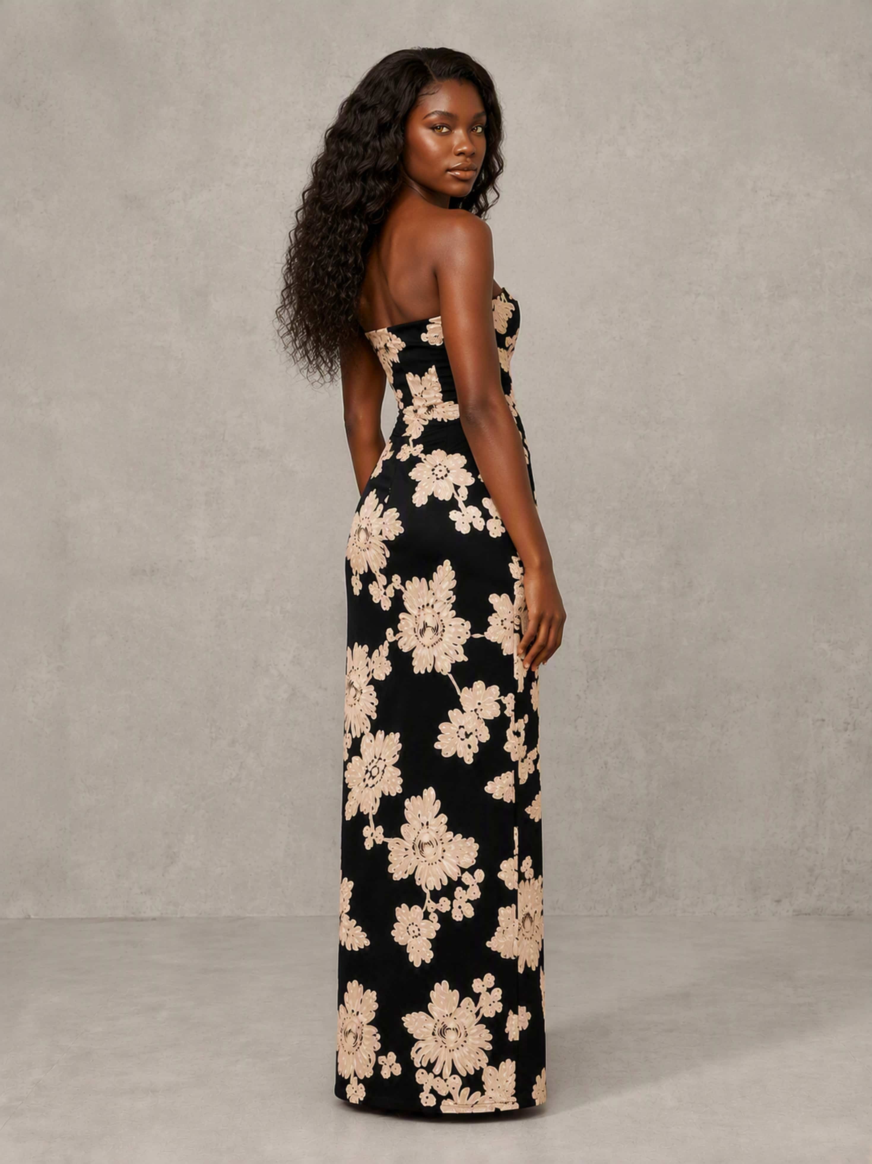 Embroidery Mesh Tube Strapless Long Formal Dress