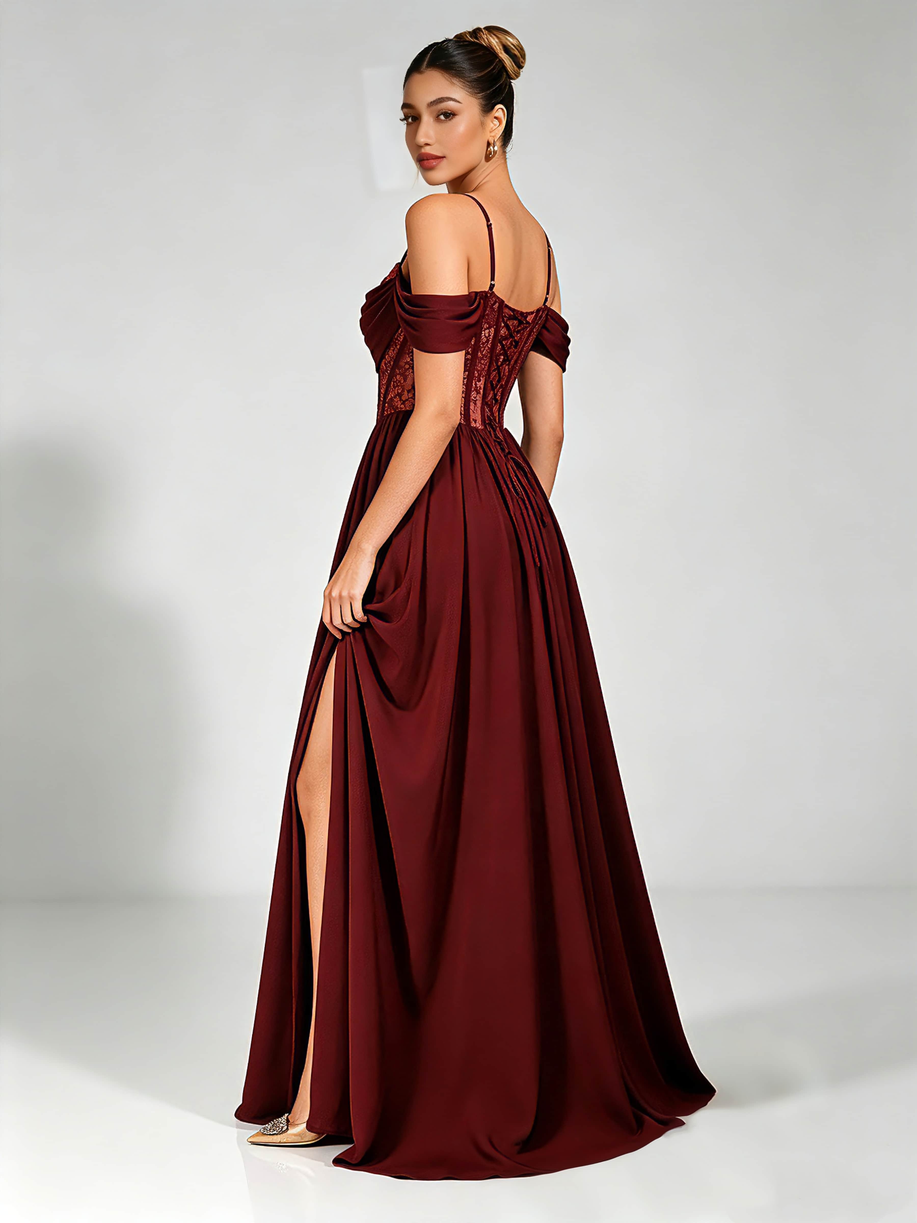 Off Shoulder Chiffon Lace Prom Dress for Teens