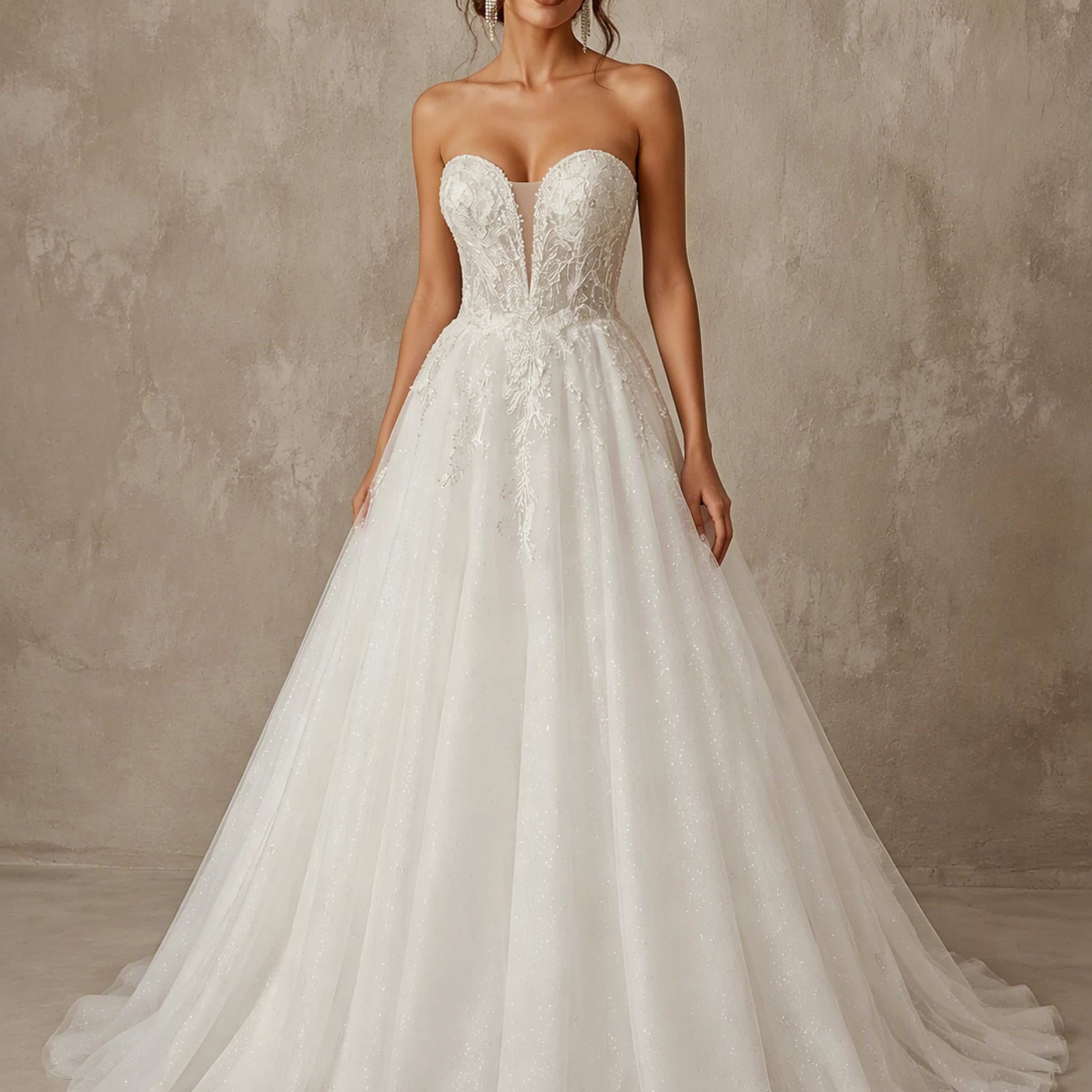 Strapless Sweetheart Neck Sparkly Tulle Puffy Long Wedding Dress
