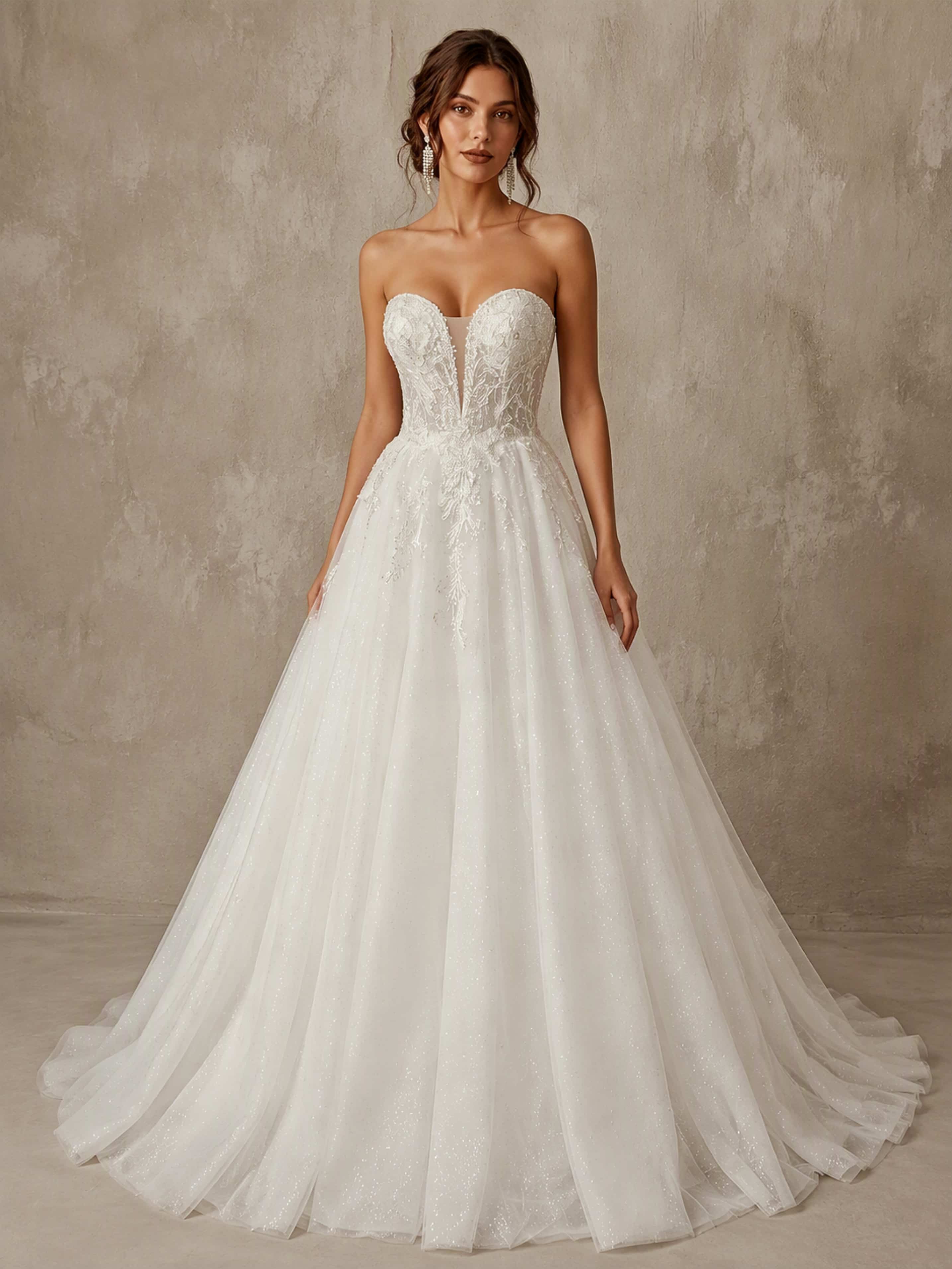 Strapless Sweetheart Neck Sparkly Tulle Puffy Long Wedding Dress