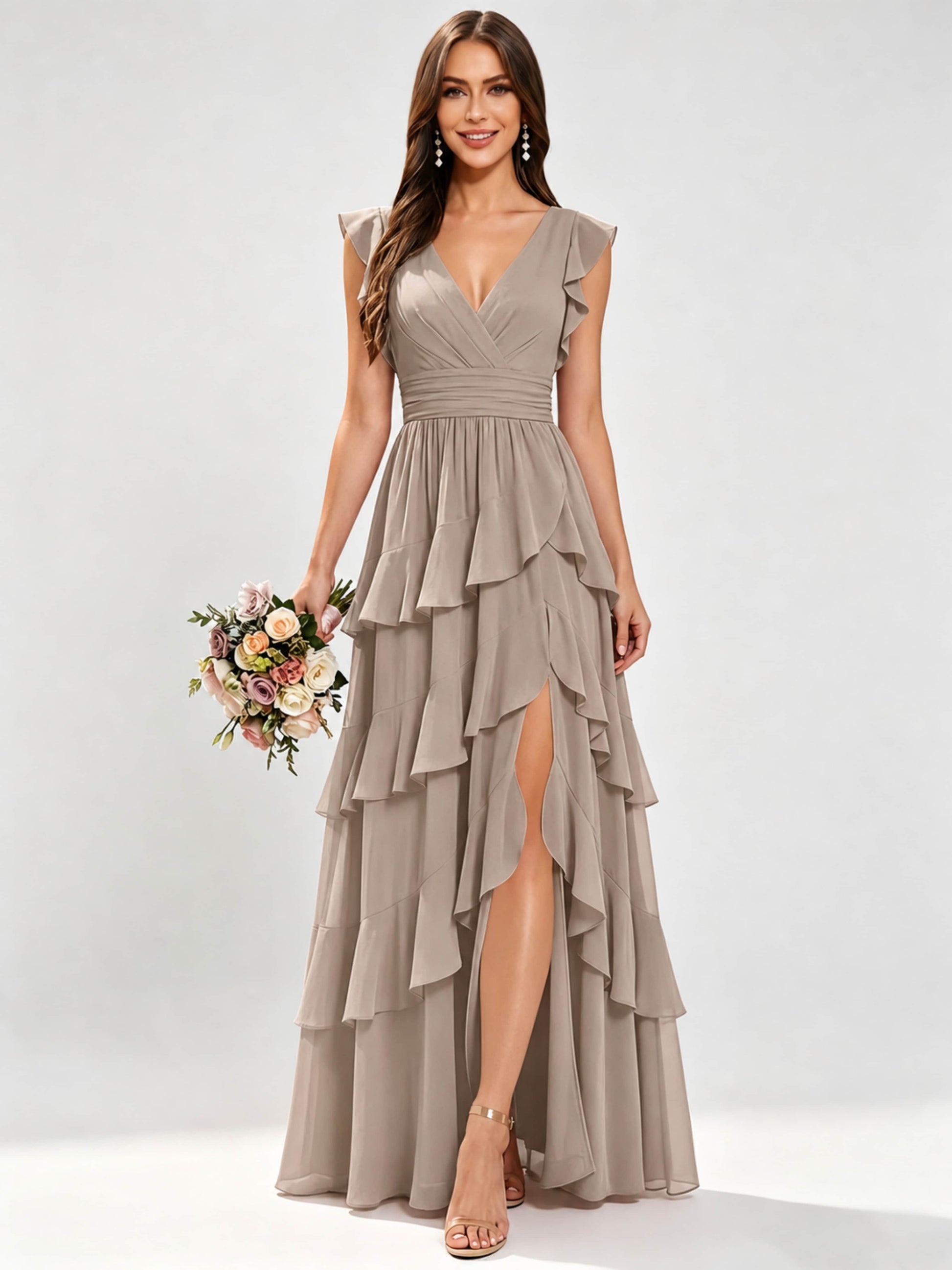 Ruffle Sleeve Tiered Chiffon Bridesmaid Dresses for Wedding with Slit