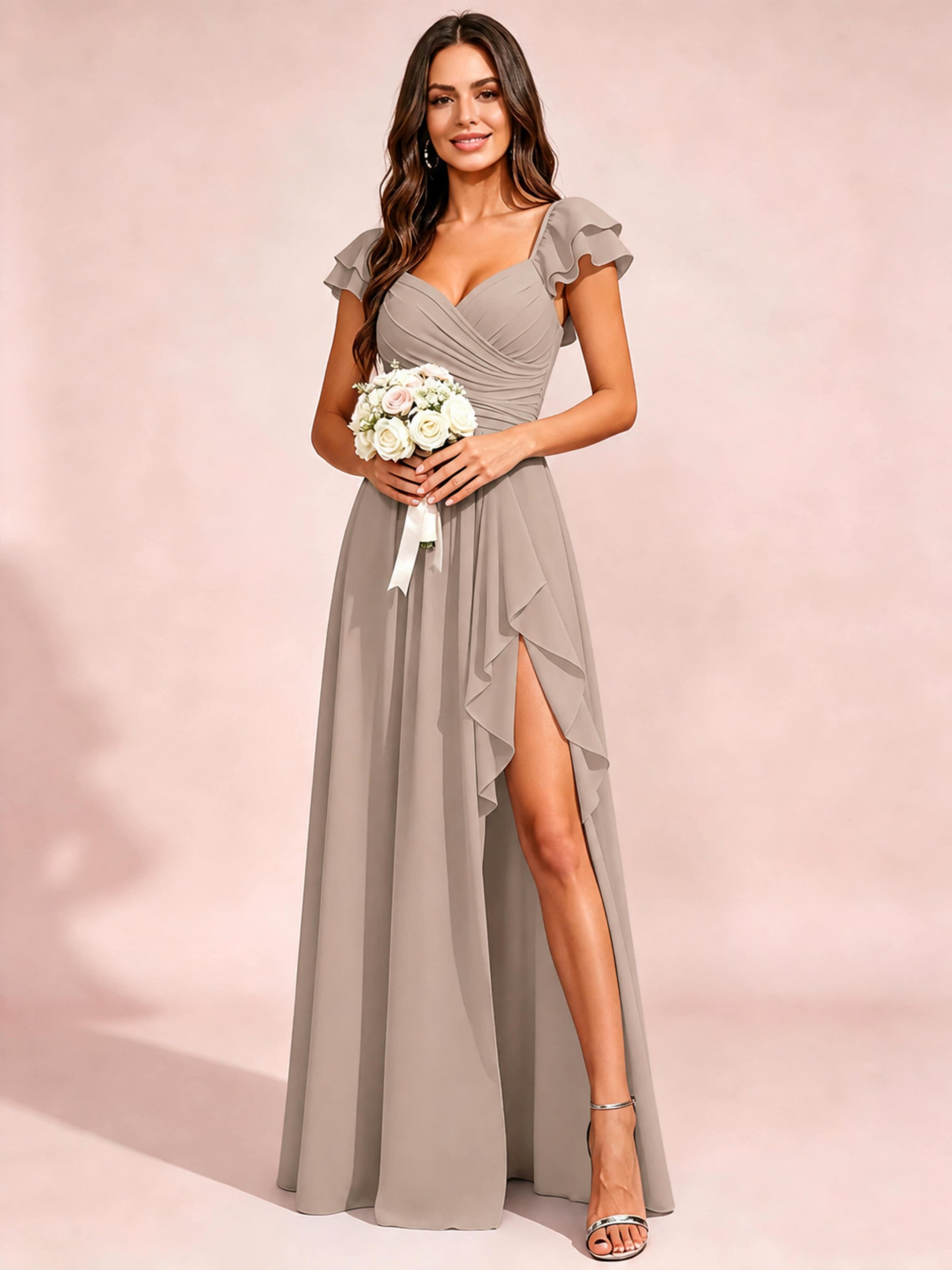 Chiffon Sweetheart Neck Ruched Bust Bridesmaid Dresses with Ruffle Slit