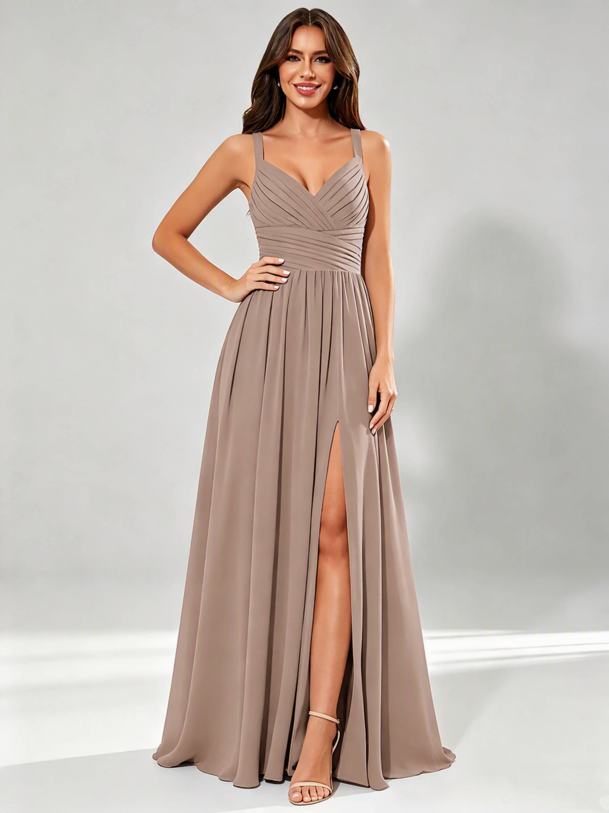 Spaghetti Straps Chiffon Ruched Bust Pleated Bridesmaid Dress for Wedding