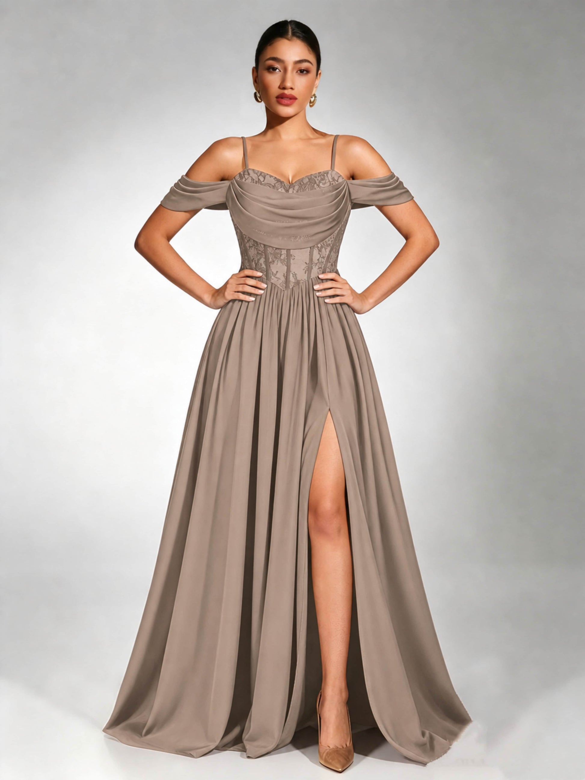 Off Shoulder Chiffon Lace Prom Dress for Teens