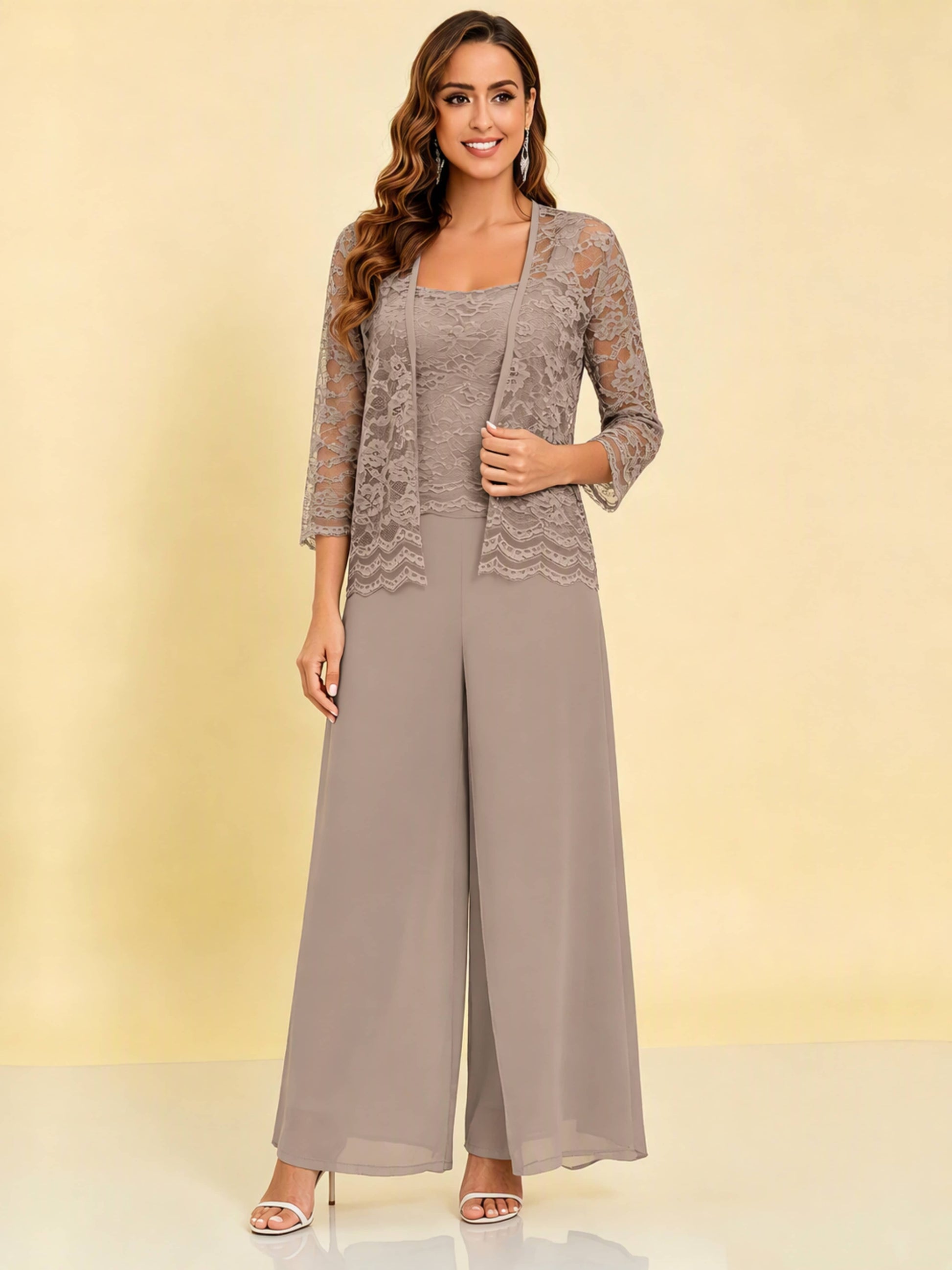 Chiffon Lace Flowy 3 Pieces Mother of The Bride Pant Suits Women Wedding