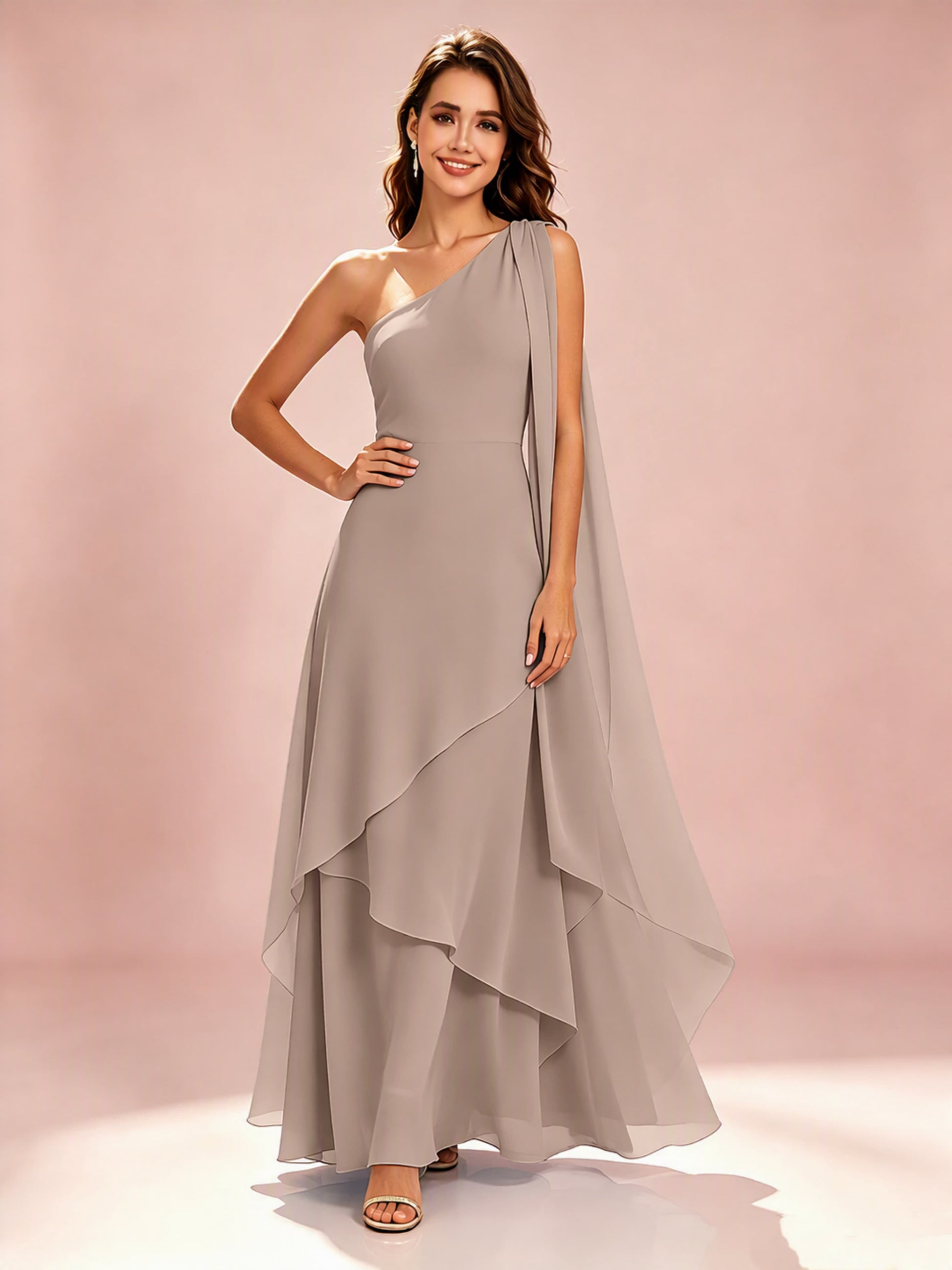 One Shoulder Chiffon Tiered Layered Bridesmaid Dresses for Wedding