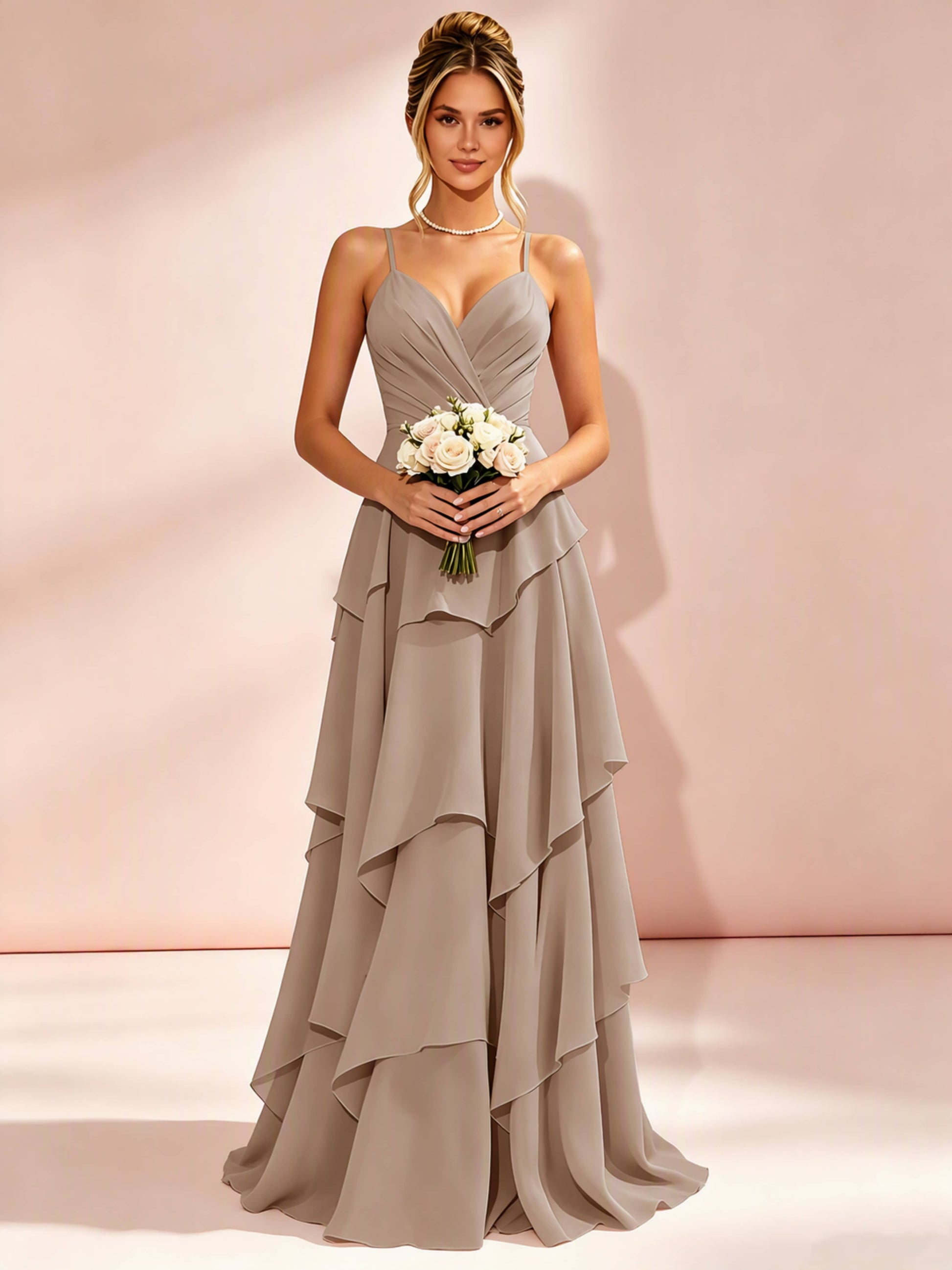 Spaghetti Straps Ruffle Tiered Chiffon Bridesmaid Dress for Wedding