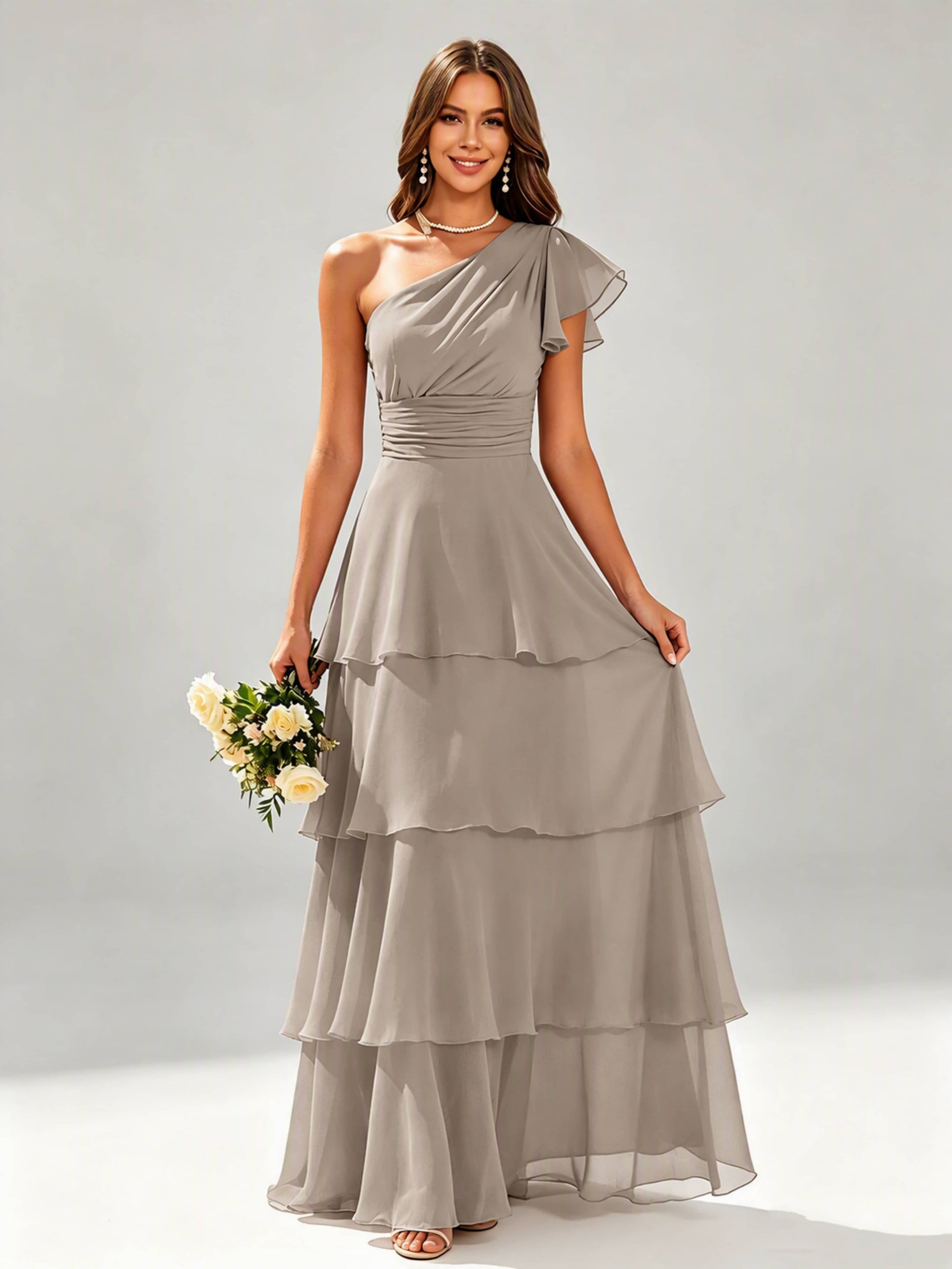 One Shoulder Ruffle Tiered Chiffon Bridesmaid Dress for Wedding
