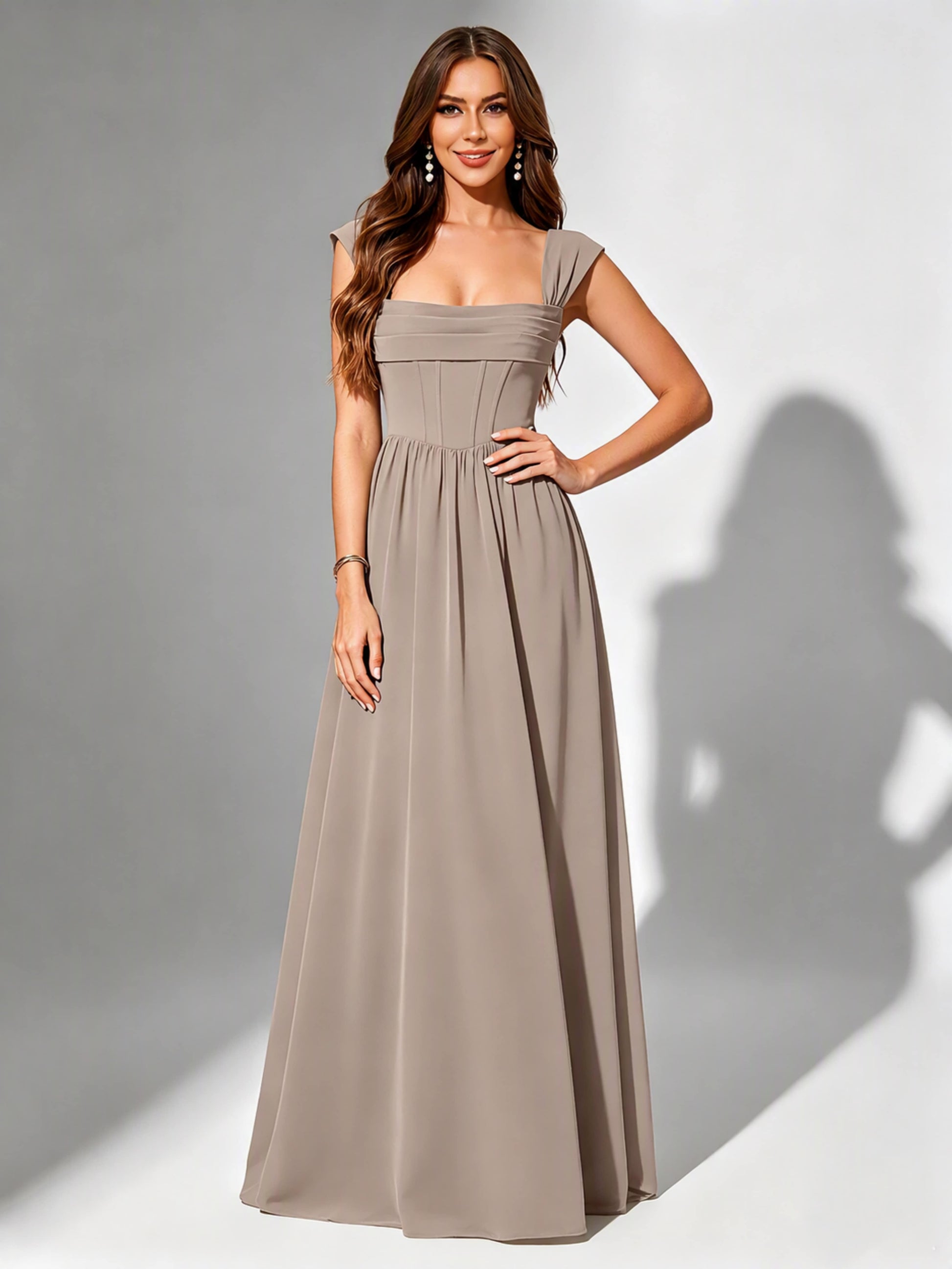 Square Neck Chiffon Bridesmaid Dress Corset Formal Gown