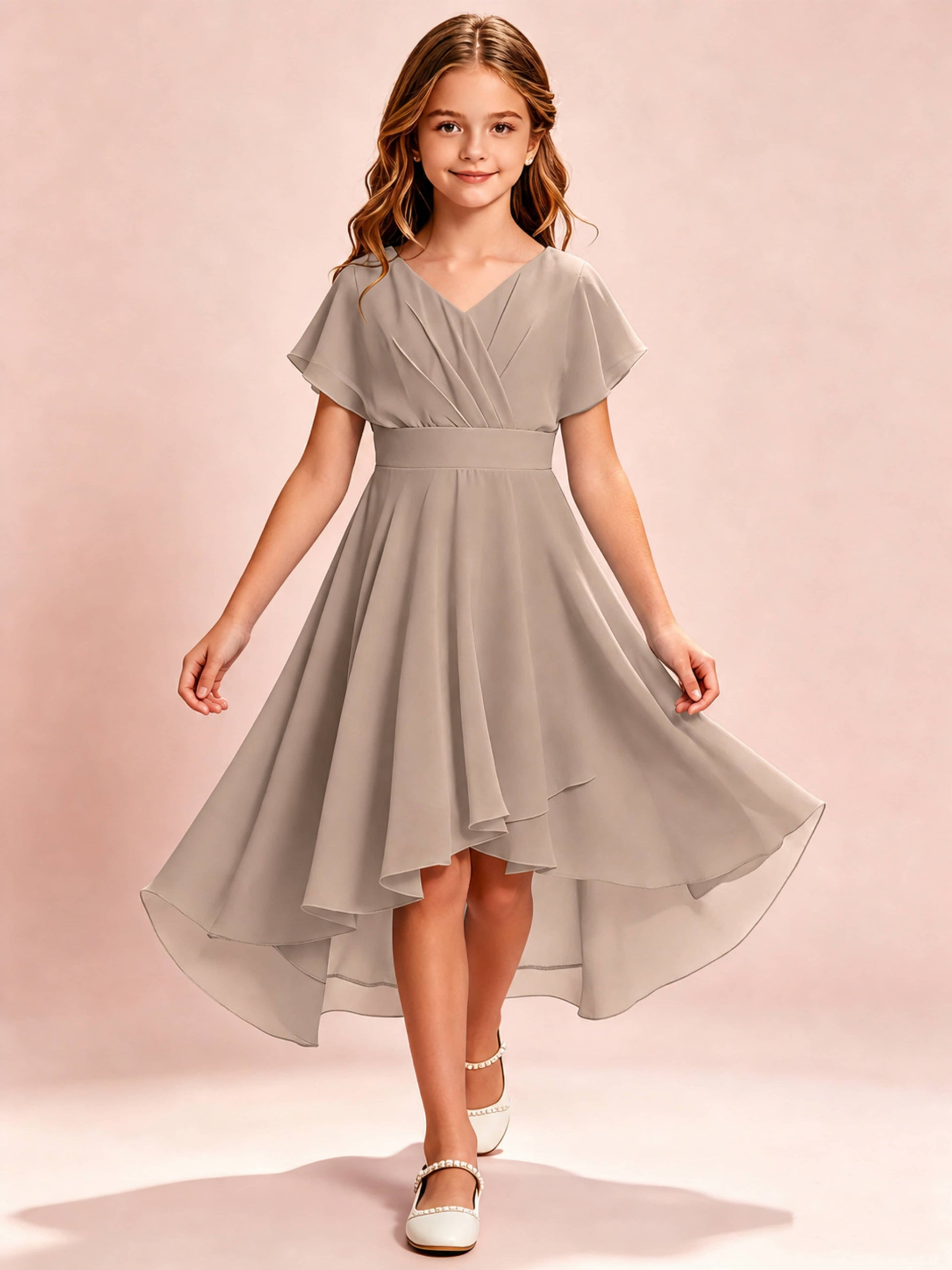Chiffon High Low Cap Sleeve Junior Bridesmaid Dress for Wedding