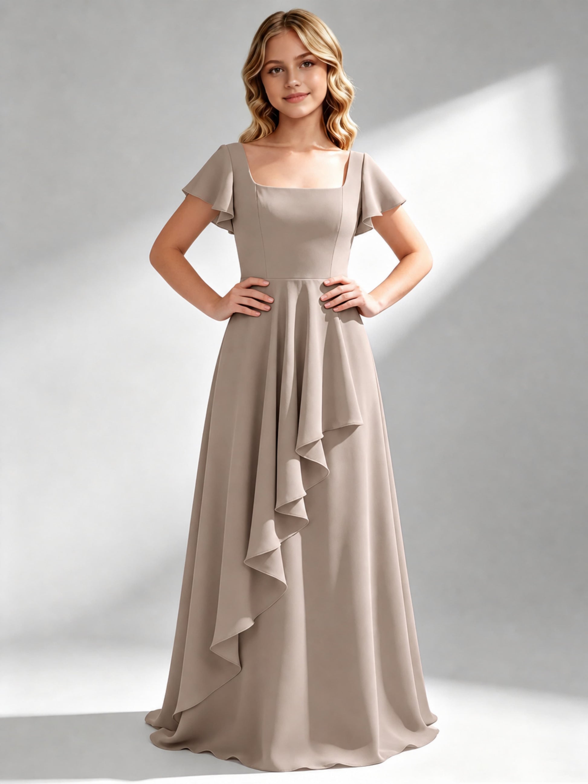 A-Line Square Neck Ruffle Junior Bridesmaid Dresses