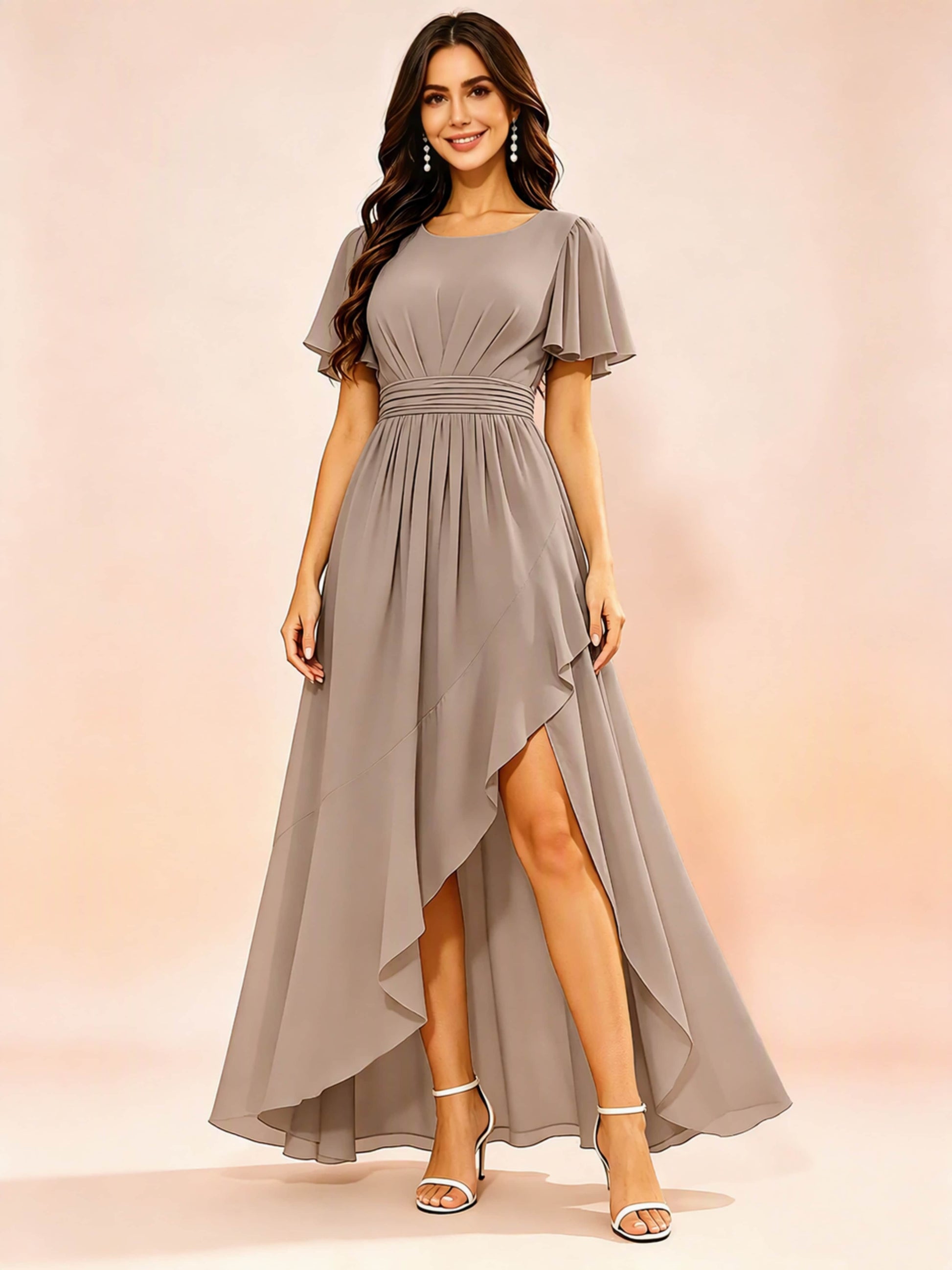Chiffon High Low Round Neck Bridesmaid / Wedding Guest Dresses