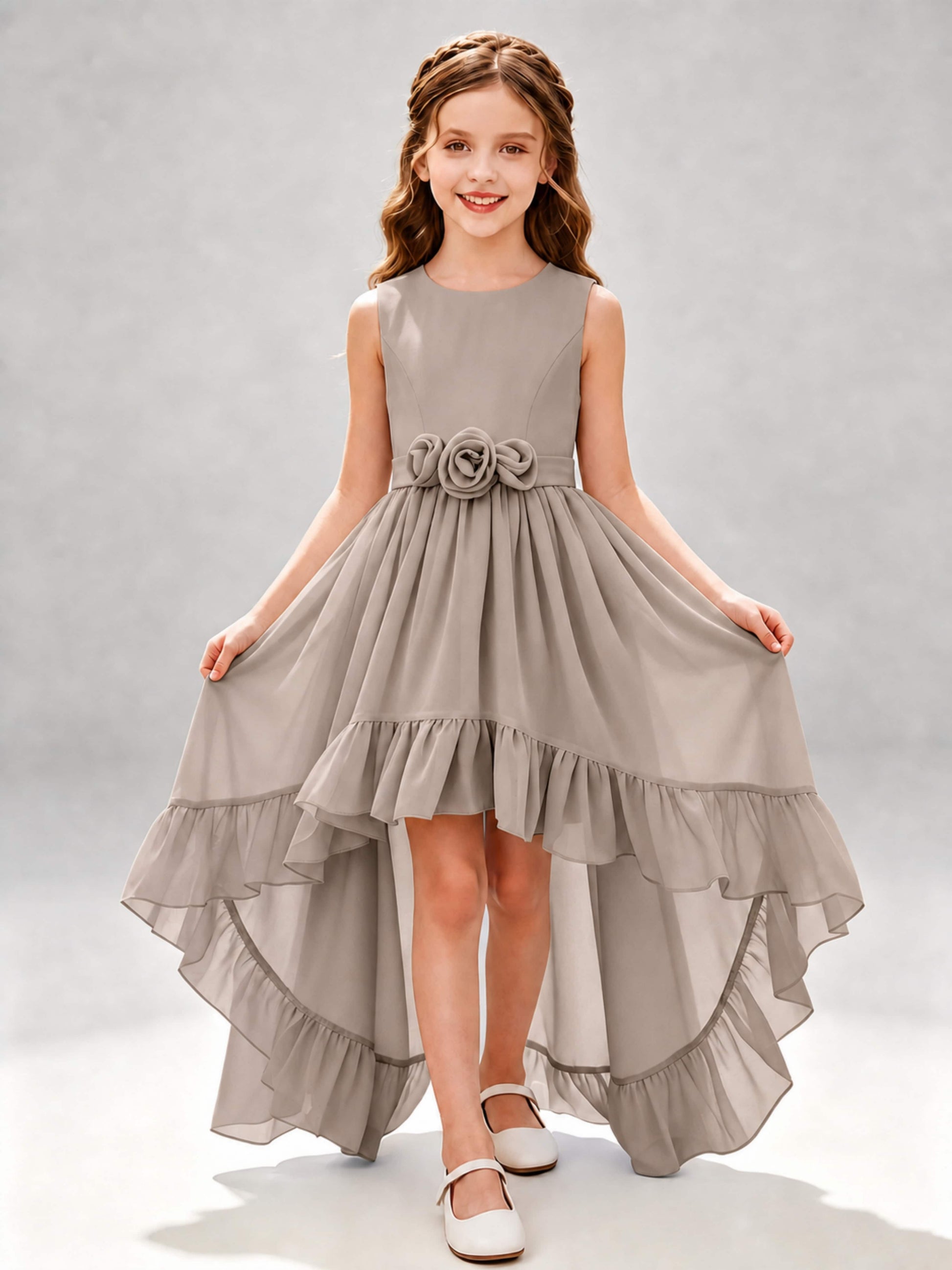 Chiffon 3D Flower High Low Junior Bridesmaid Dresses
