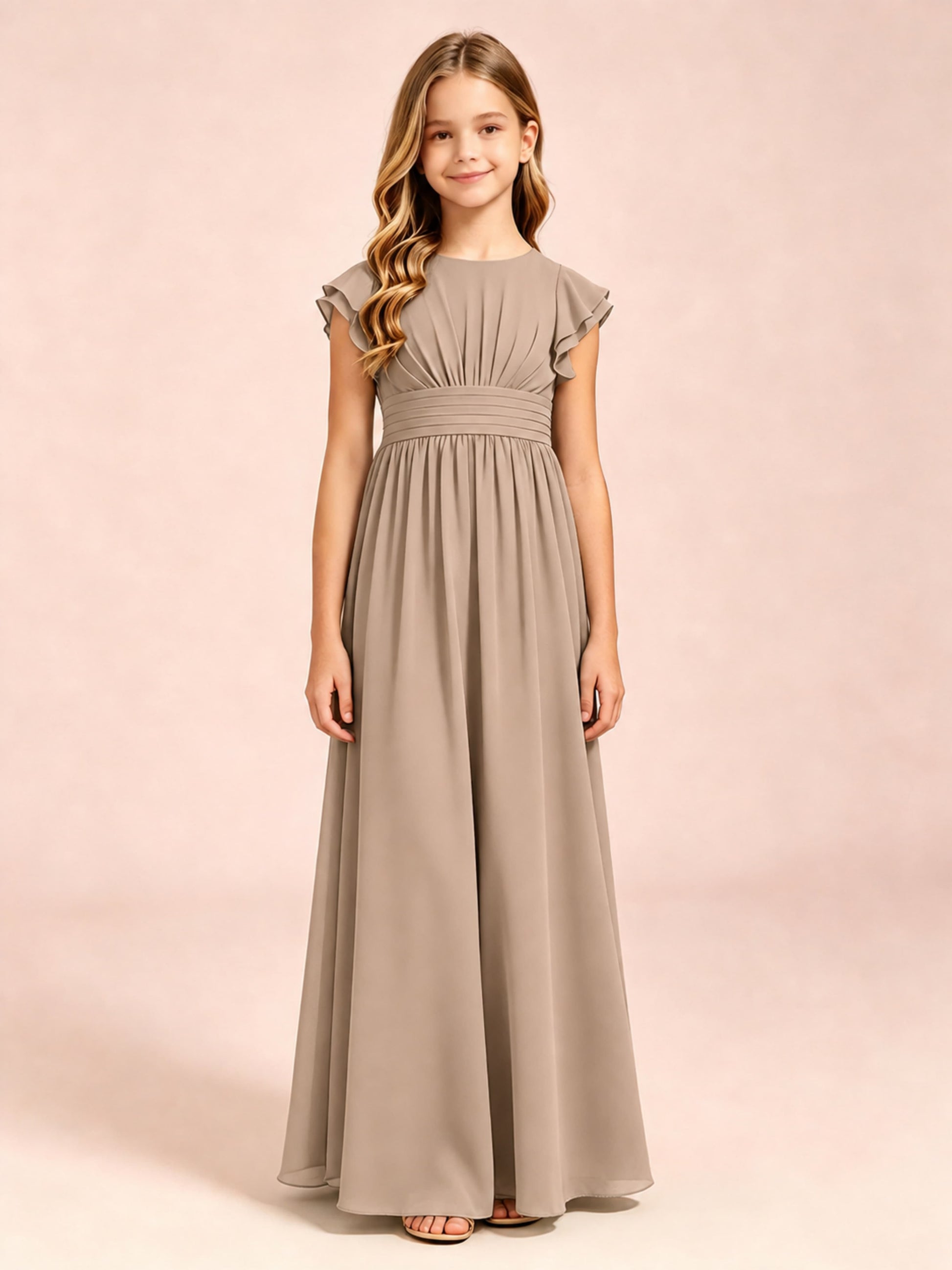 Chiffon Ruffle Cap Sleeve Junior Bridesmaid Dress for Wedding