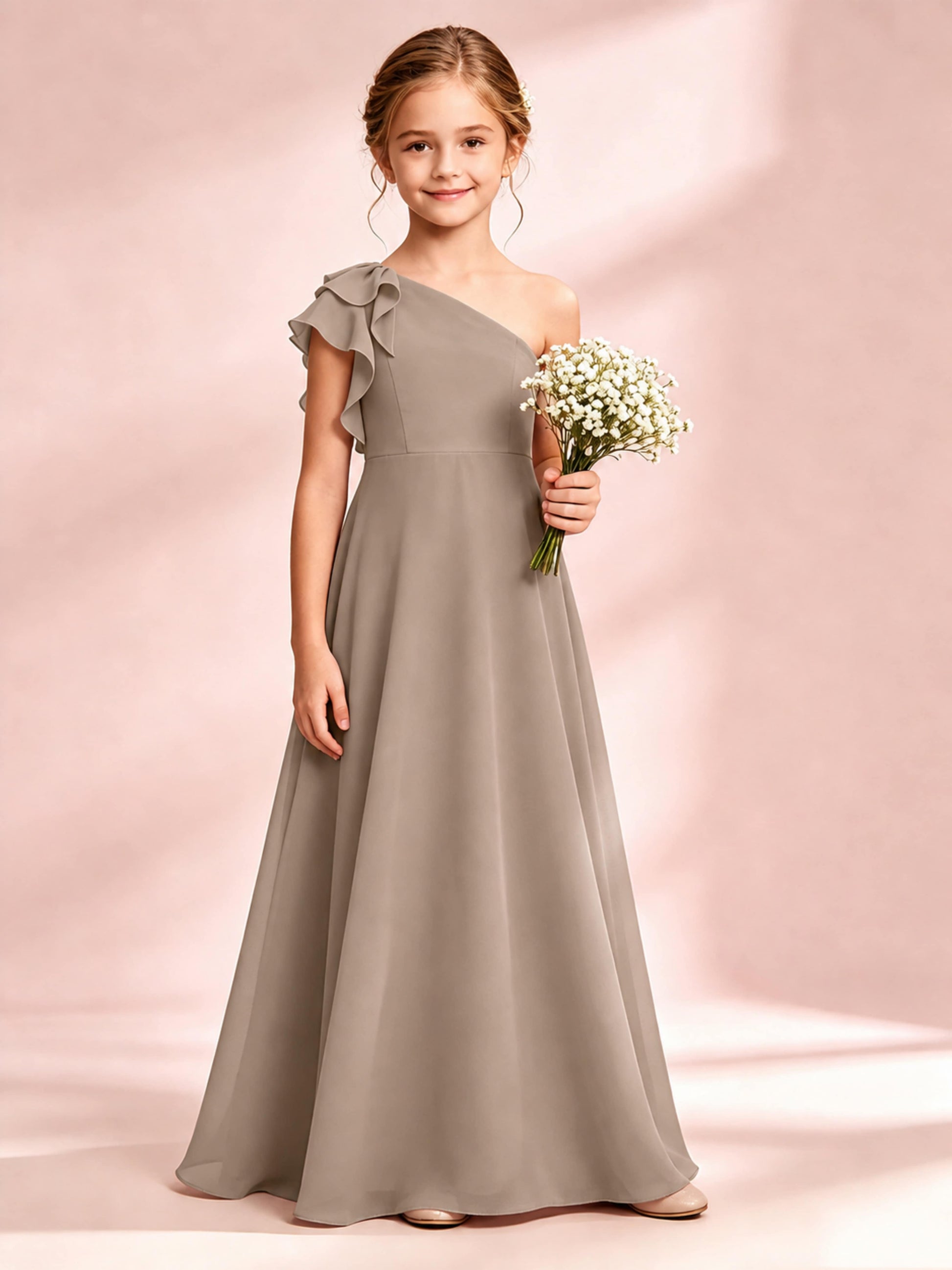 Chiffon Junior Bridesmaid Dress for Wedding One Shoulder Flower Girl Dresses