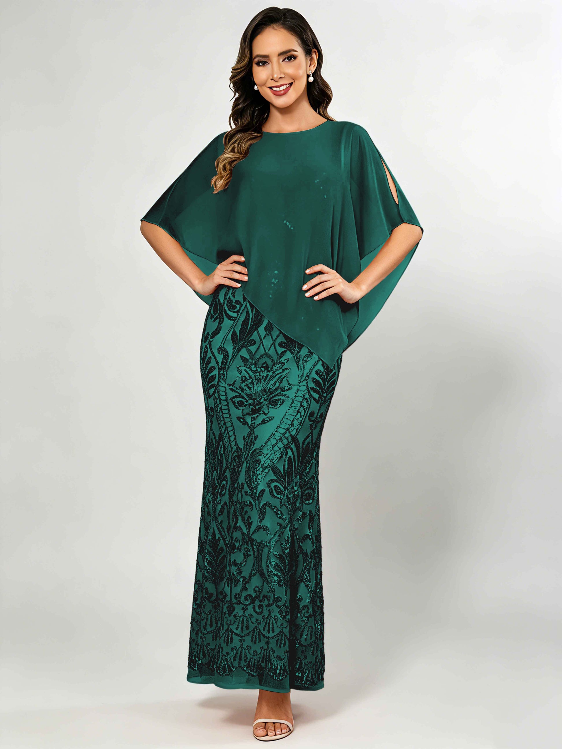 Mermaid Sequin Mother of The Bride Dress with Chiffon Cape