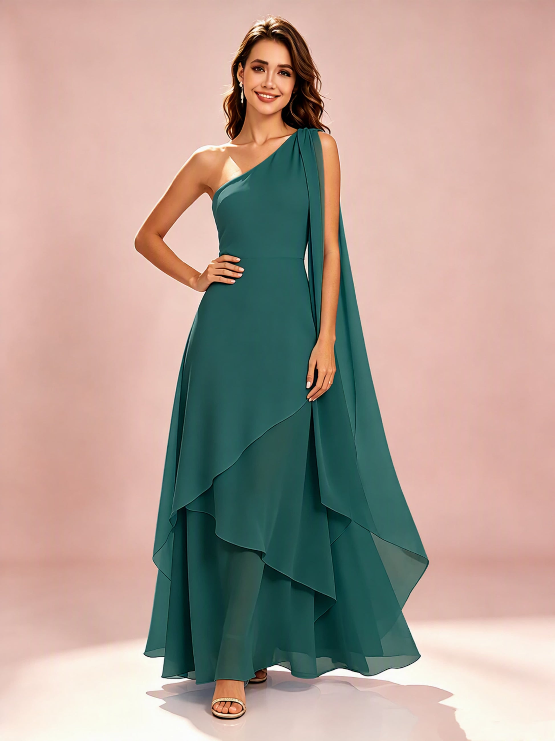 One Shoulder Chiffon Tiered Layered Bridesmaid Dresses for Wedding