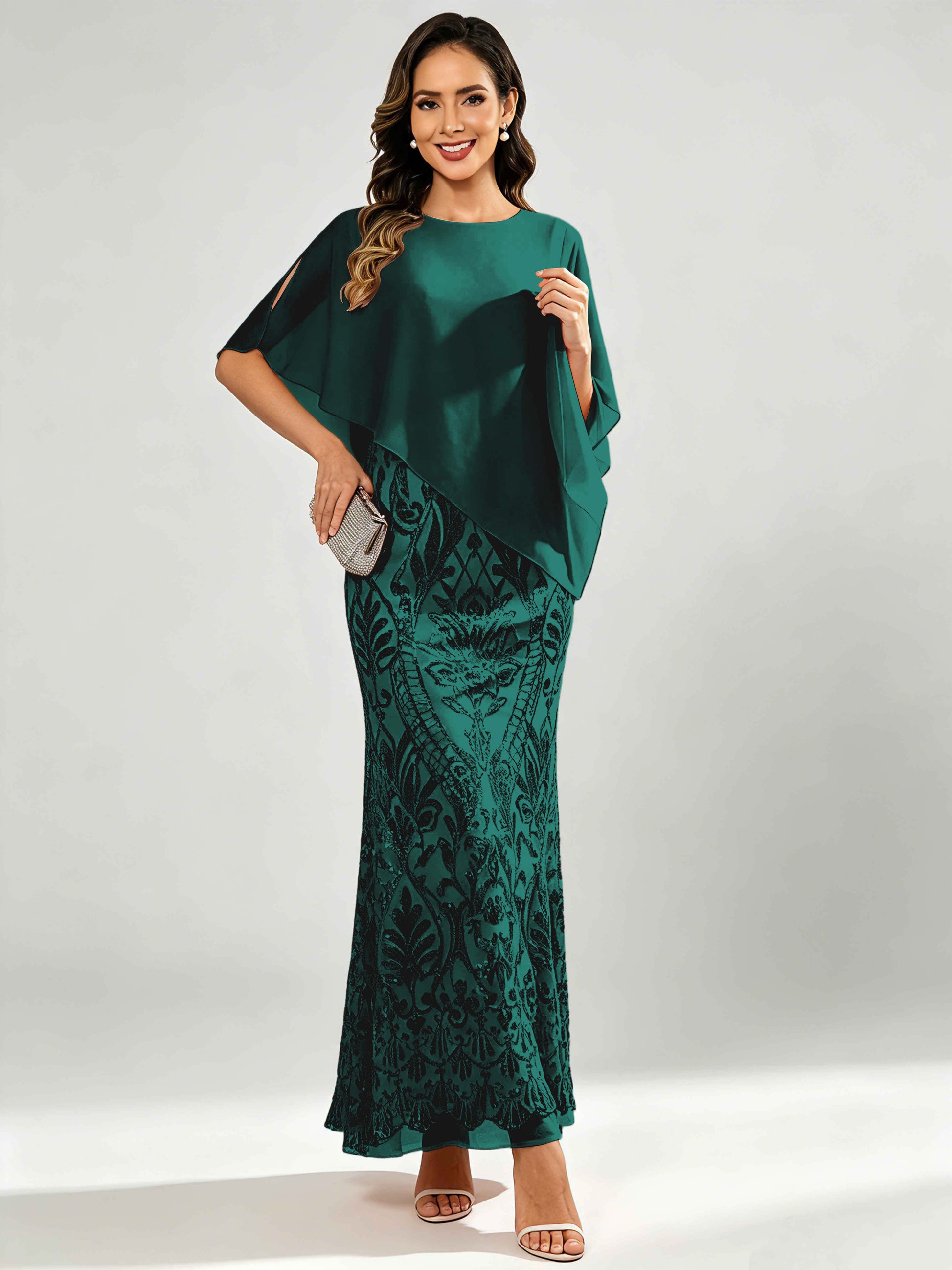 Mermaid Sequin Mother of The Bride Dress with Chiffon Cape