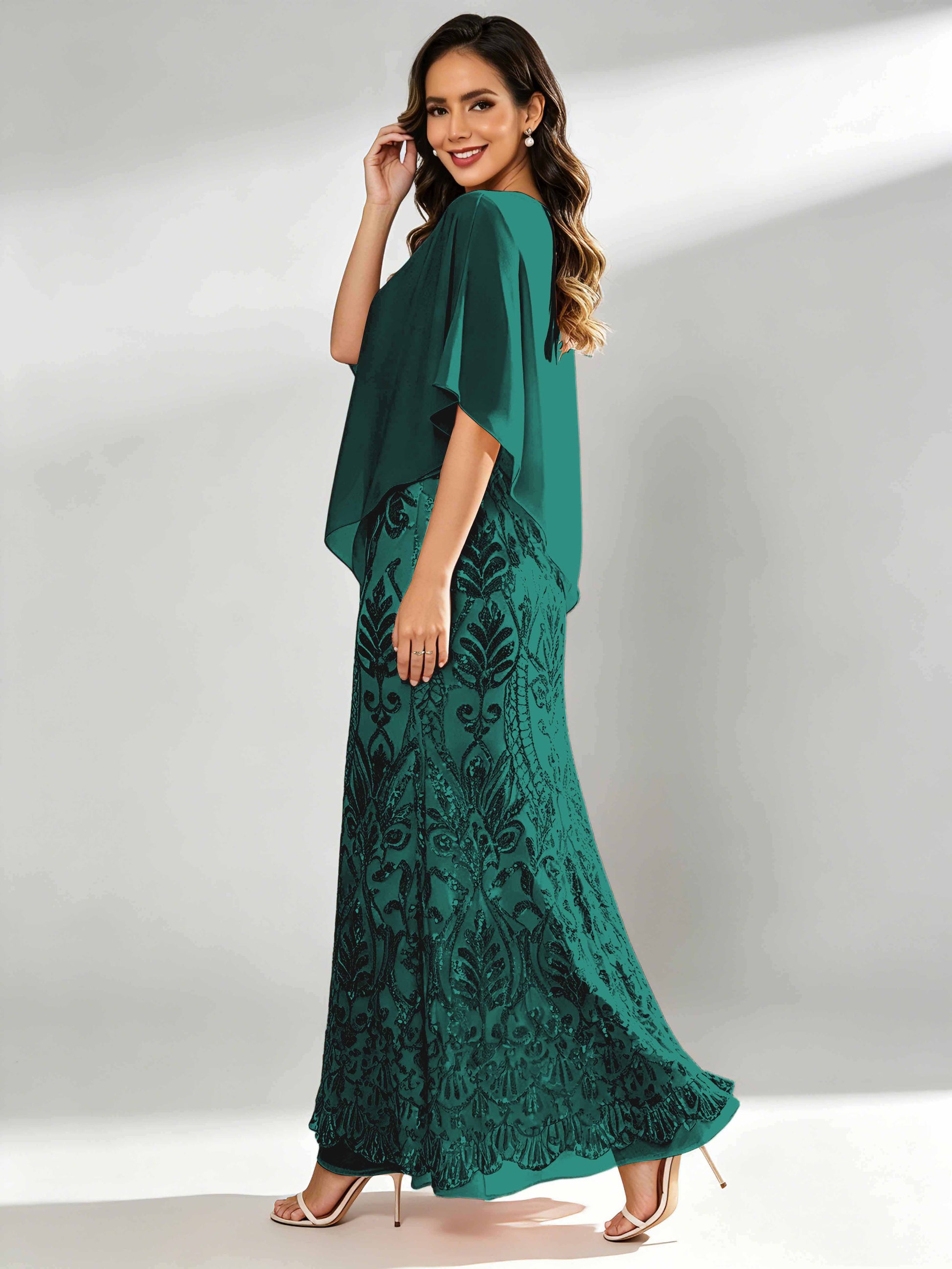 Mermaid Sequin Mother of The Bride Dress with Chiffon Cape