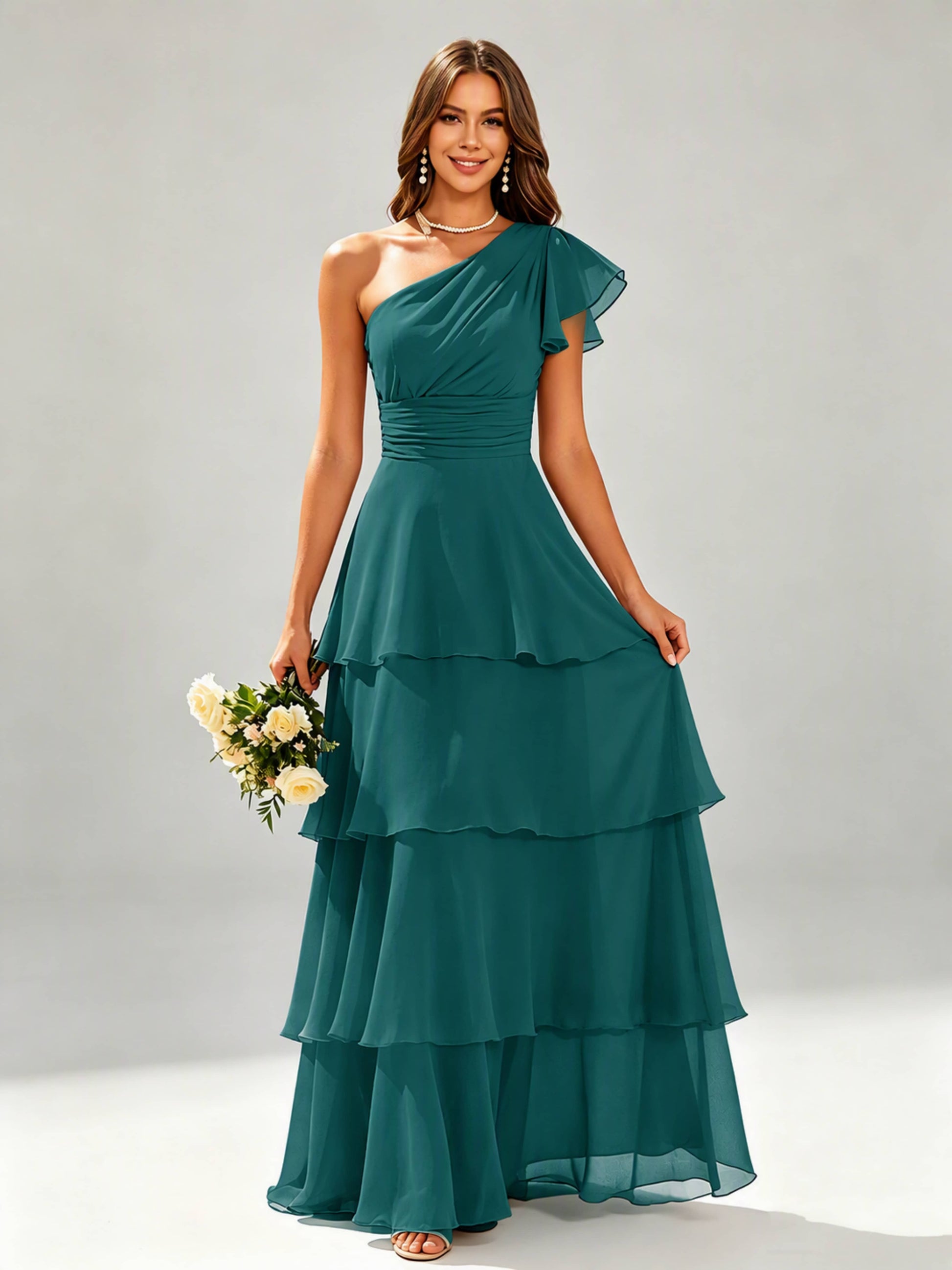 One Shoulder Ruffle Tiered Chiffon Bridesmaid Dress for Wedding