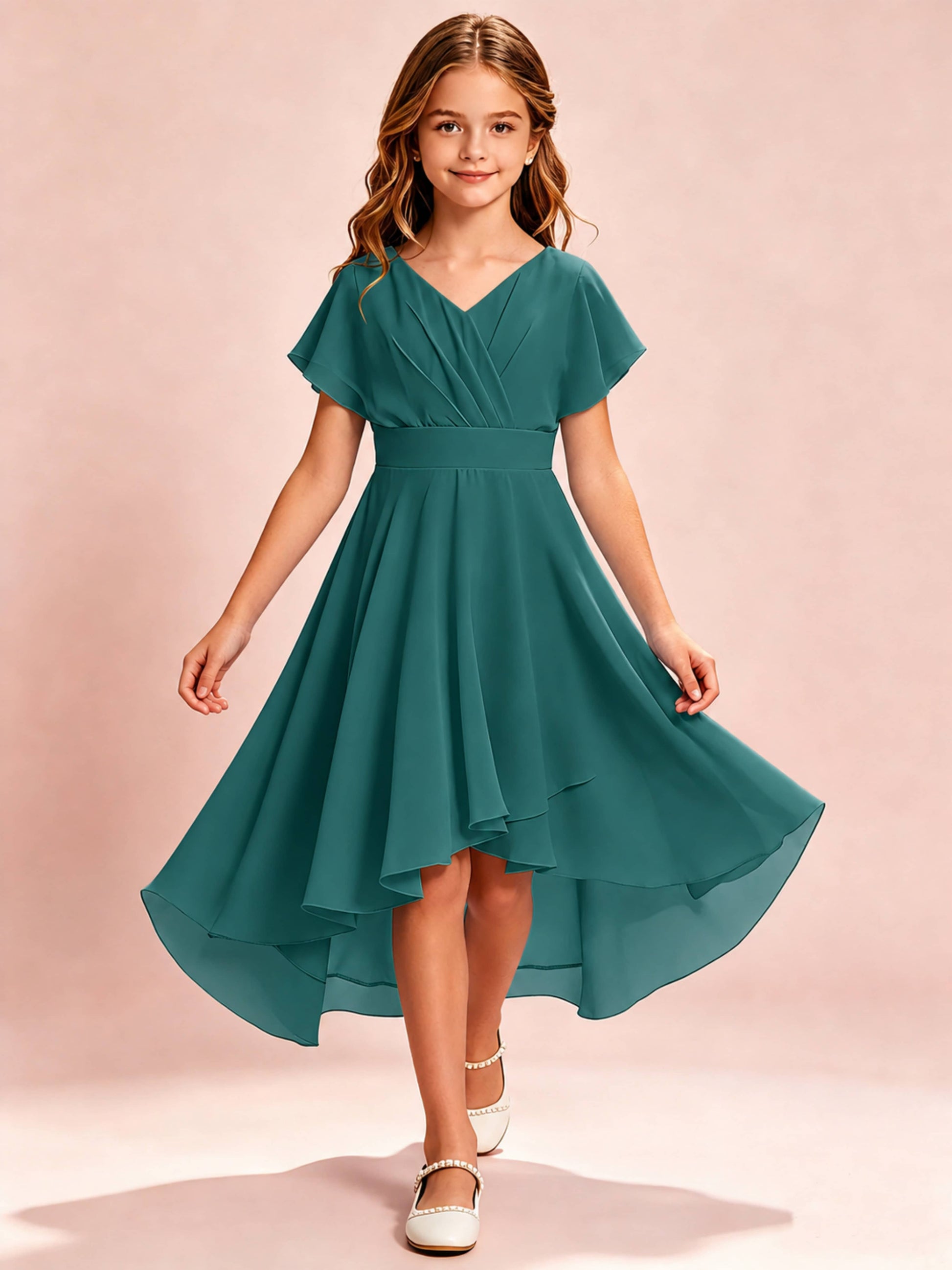 Chiffon High Low Cap Sleeve Junior Bridesmaid Dress for Wedding