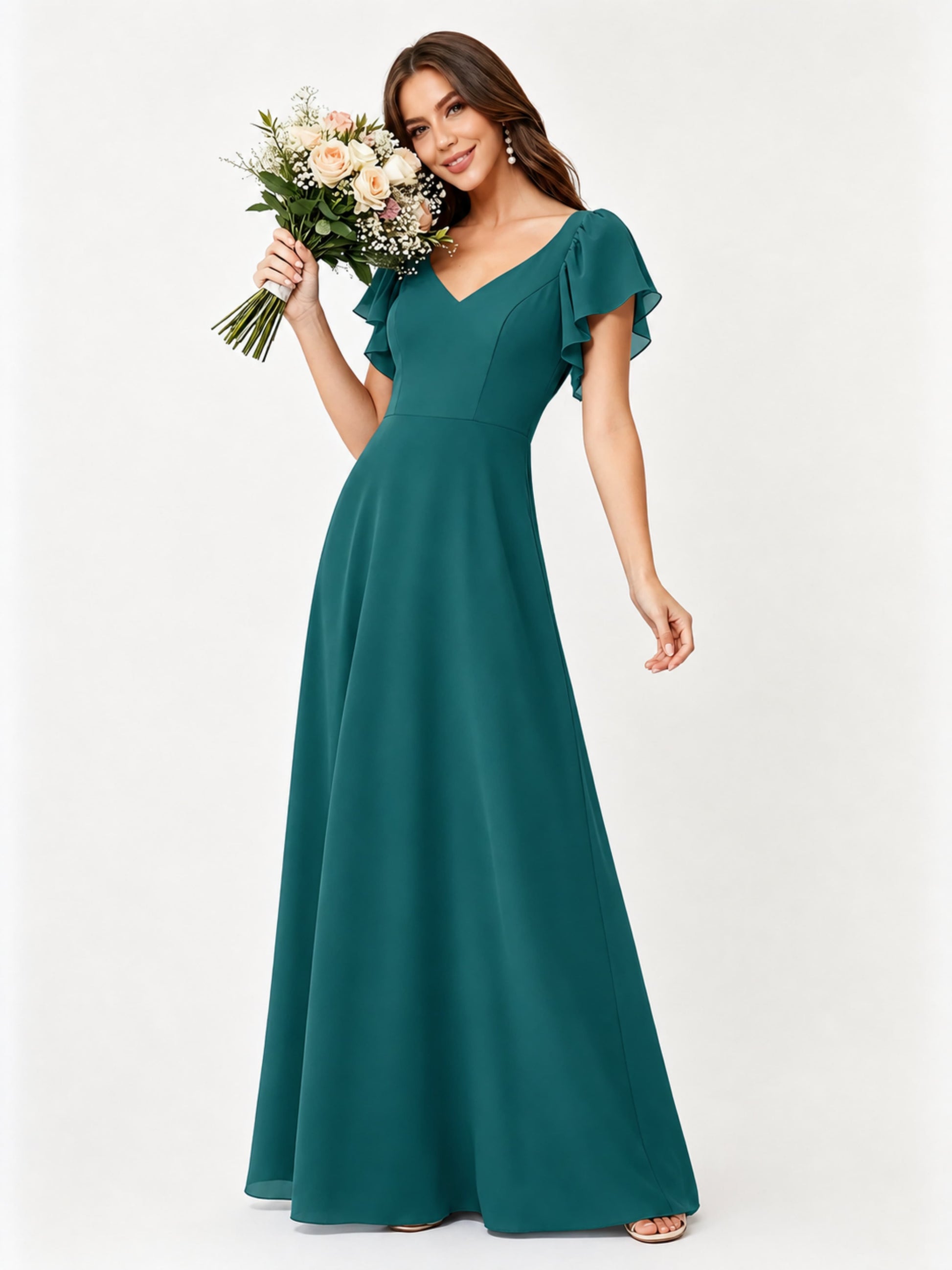 Ruffle Sleeve Chiffon Bridesmaid Dresses for Women Wedding