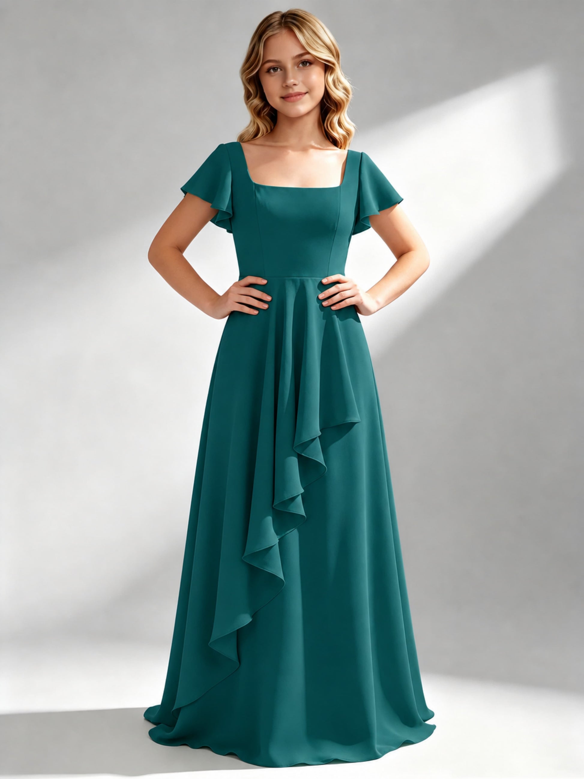 A-Line Square Neck Ruffle Junior Bridesmaid Dresses