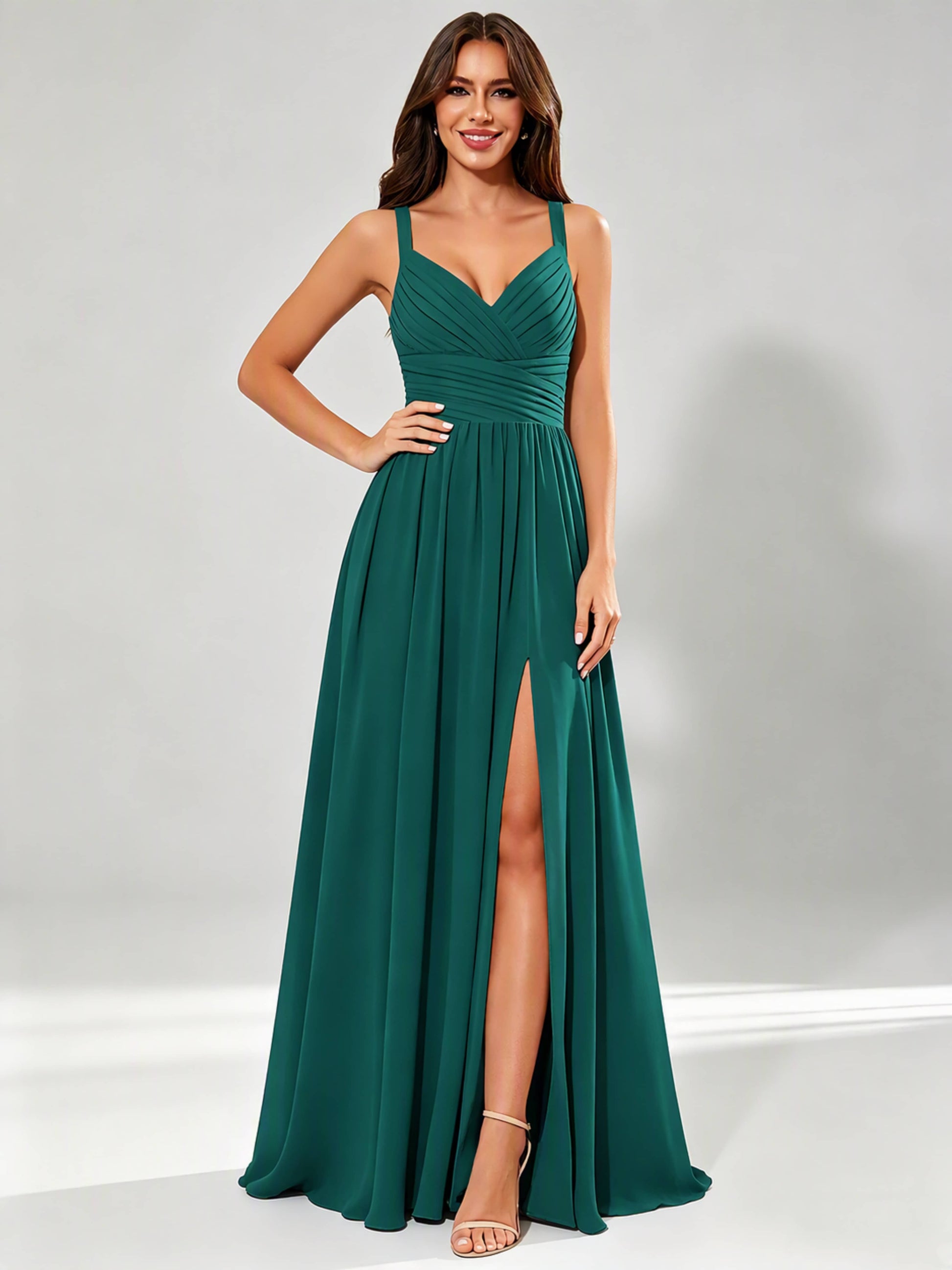 Spaghetti Straps Chiffon Ruched Bust Pleated Bridesmaid Dress for Wedding