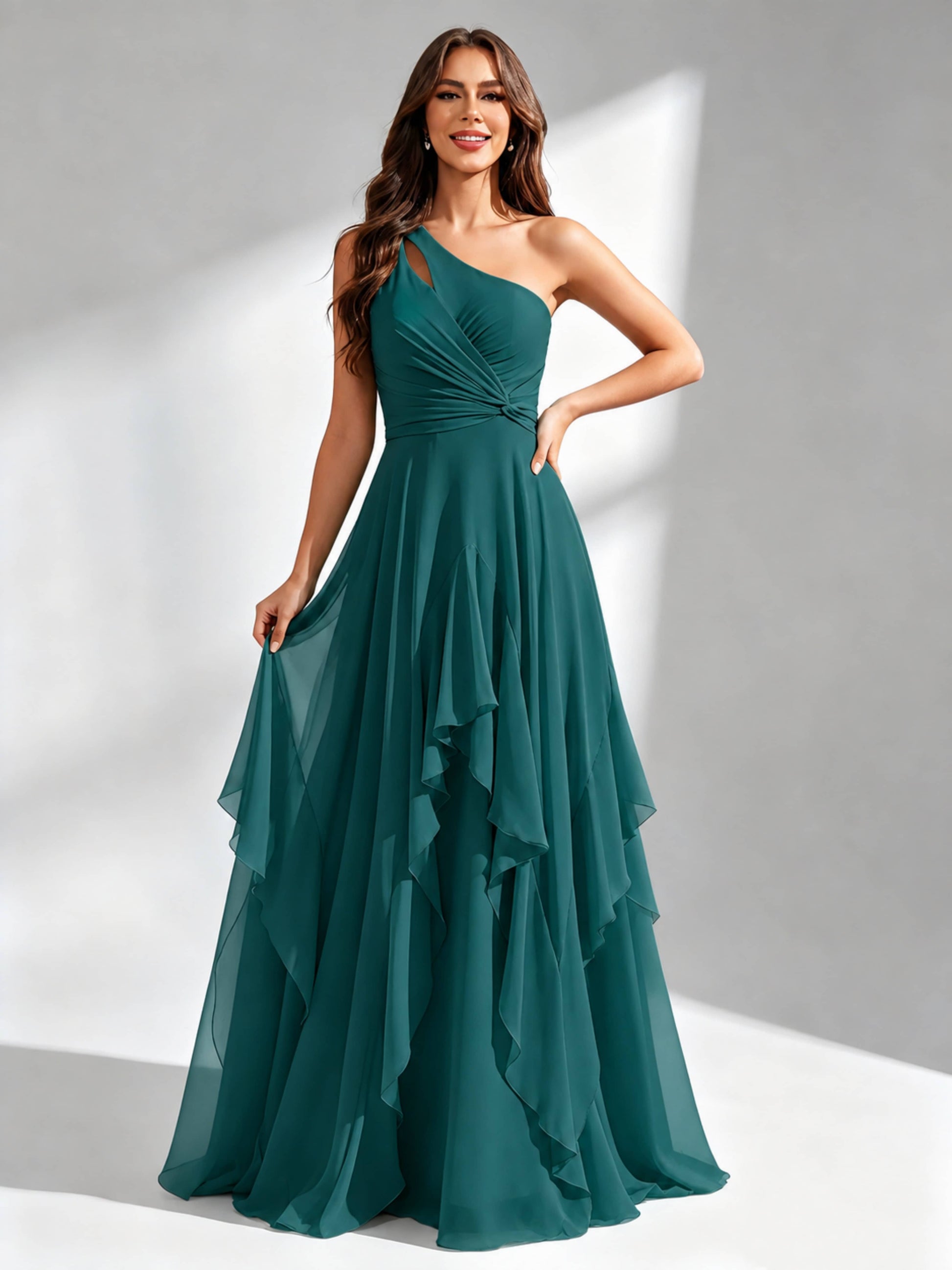 One Shoulder Ruffle Bridesmaid Dresses Formal Evening Gown