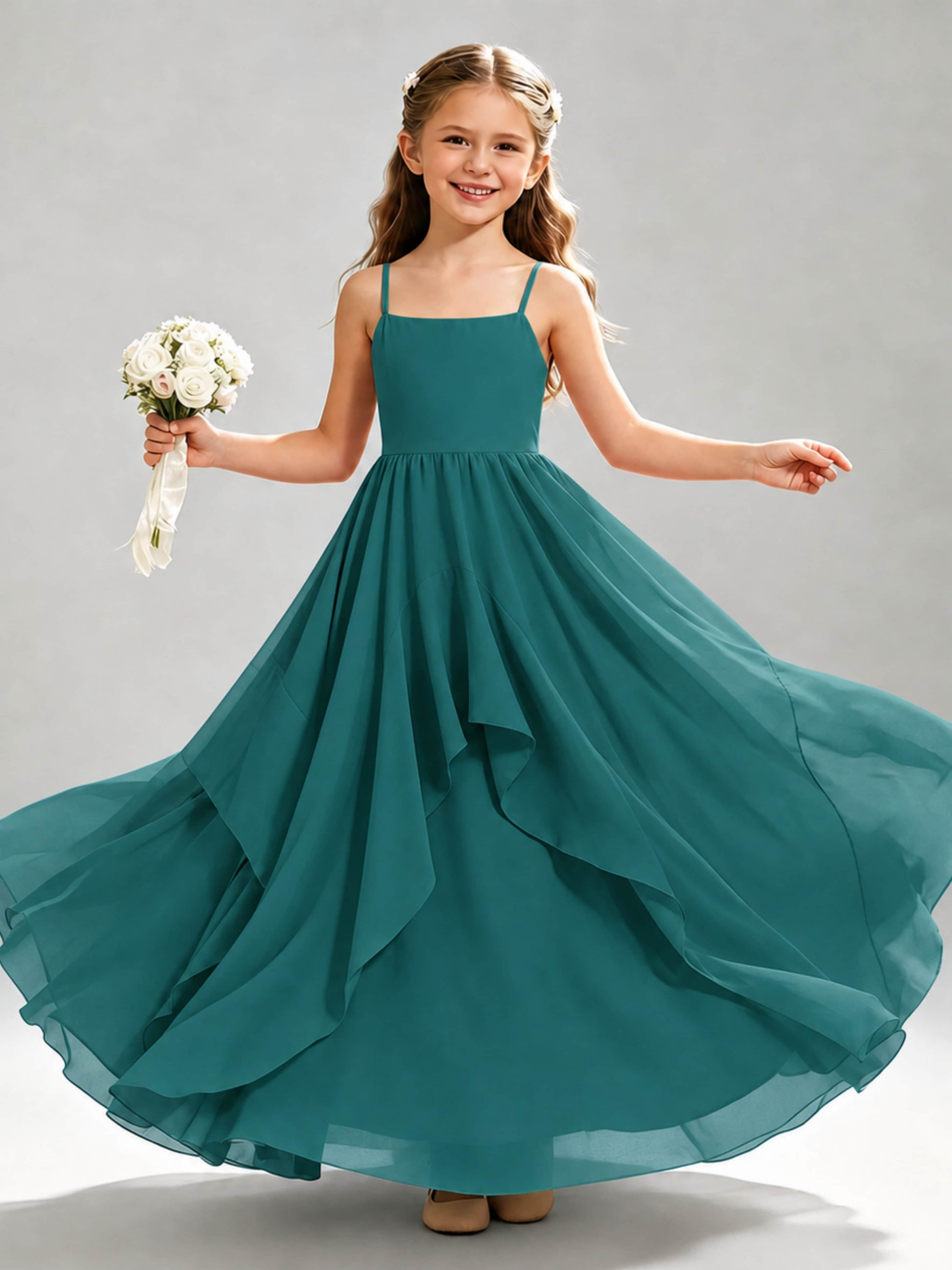 A-Line Spaghetti Straps Ruffle Junior Bridesmaid Dresses
